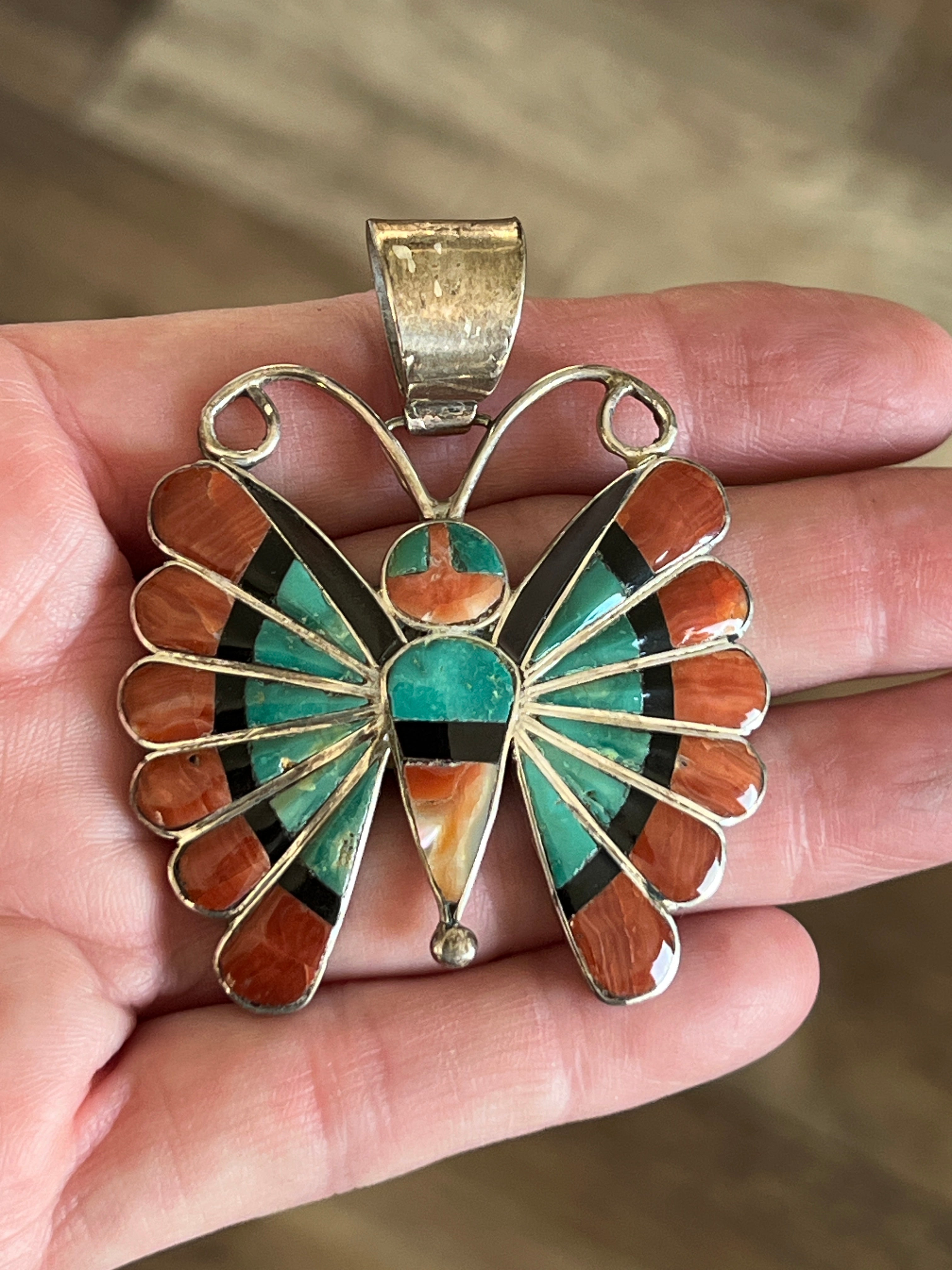 Vintage Handcrafted Sterling Silver, Turquoise, Spiny Oyster Shell and Jet Inlay Butterfly Pendant by Sara Edaakie