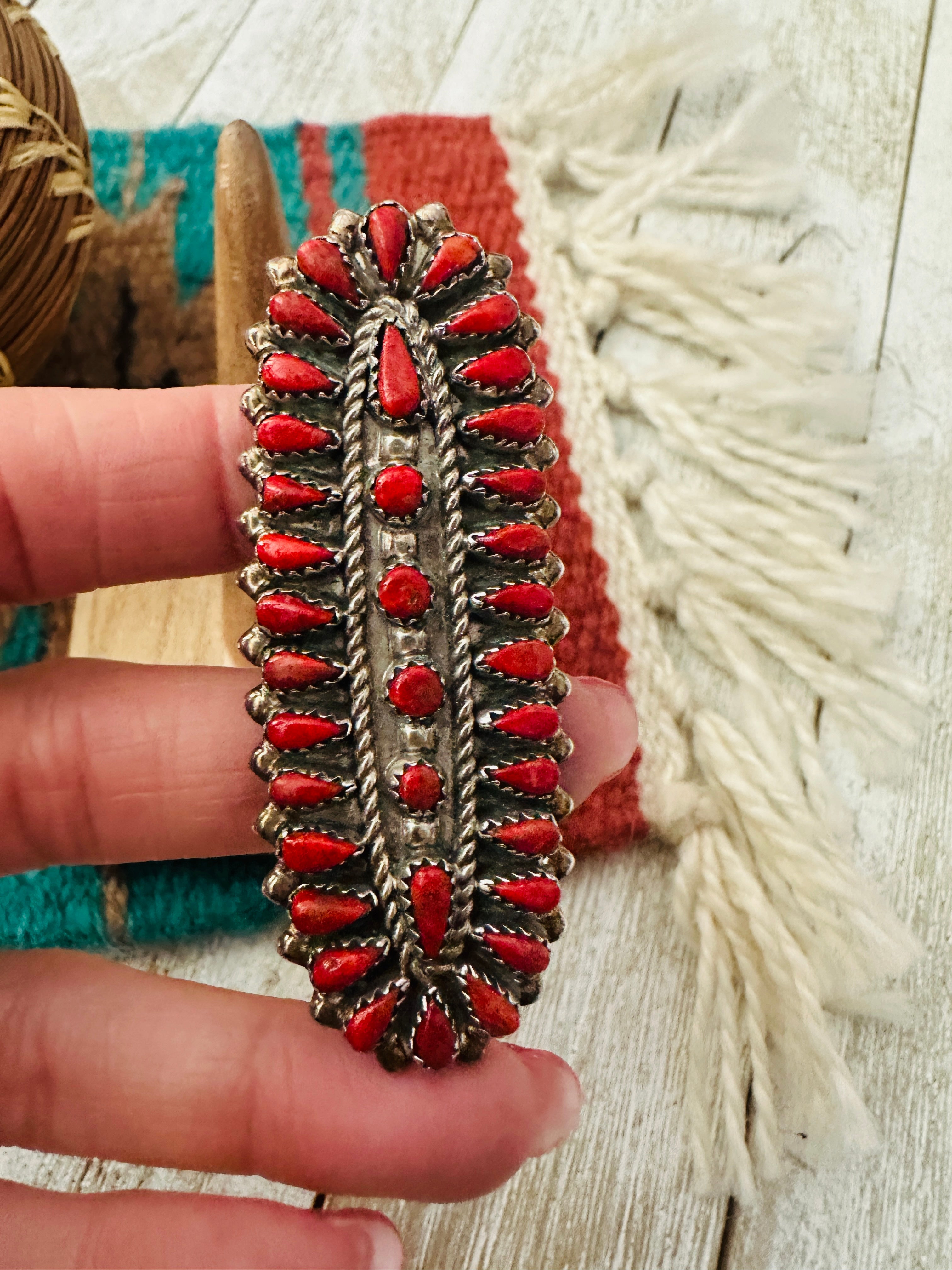 Zuni Coral & Sterling Silver Cluster Ring Size 7