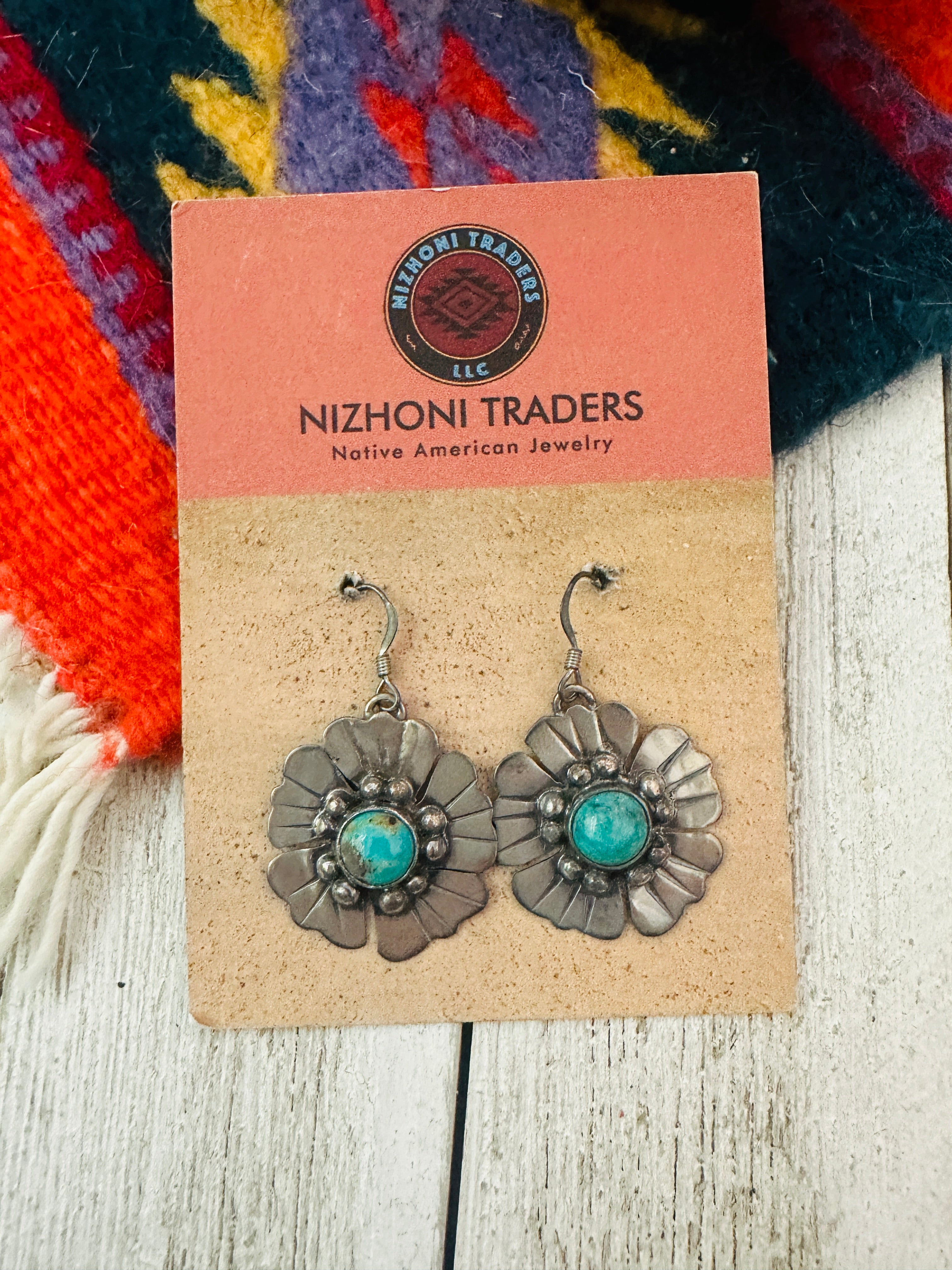 Navajo Turquoise and Sterling Silver Flower Dangle Earrings