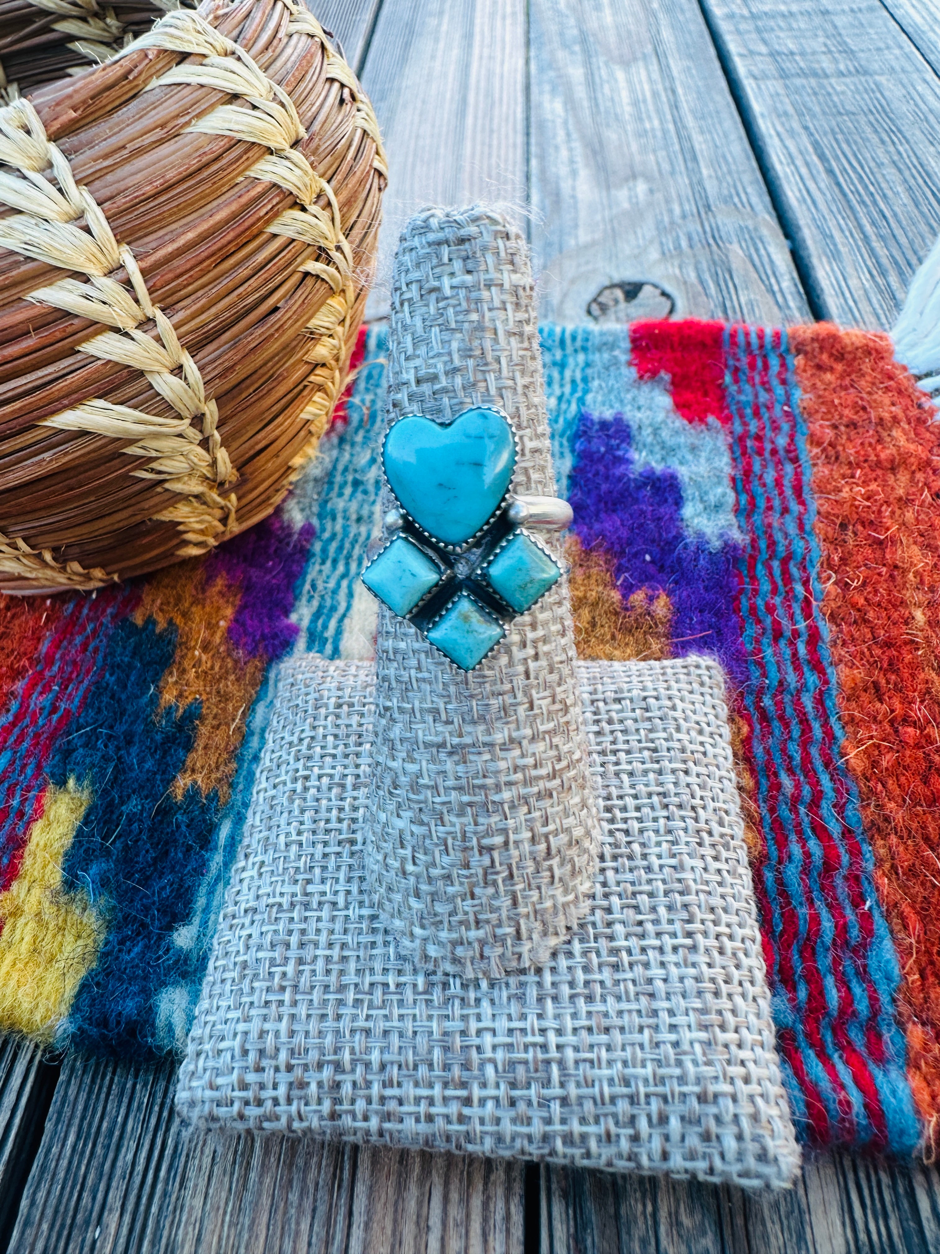 Handcrafted Turquoise & Sterling Silver Heart Adjustable Ring by Julia Etsitty
