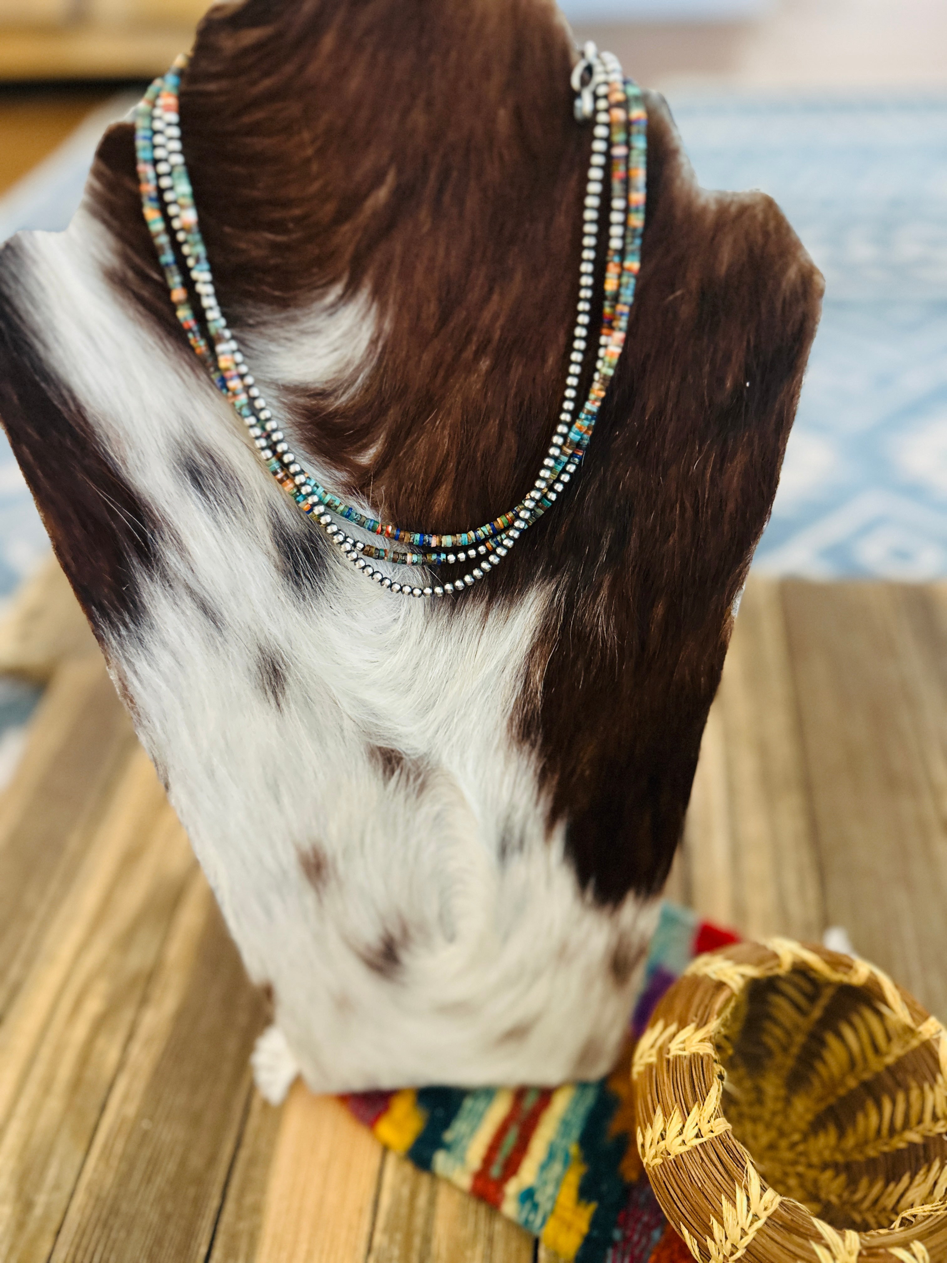 Handcrafted Turquoise, Spiny Oyster & Sterling Silver Pearl Triple-Strand 16” Beaded Necklace