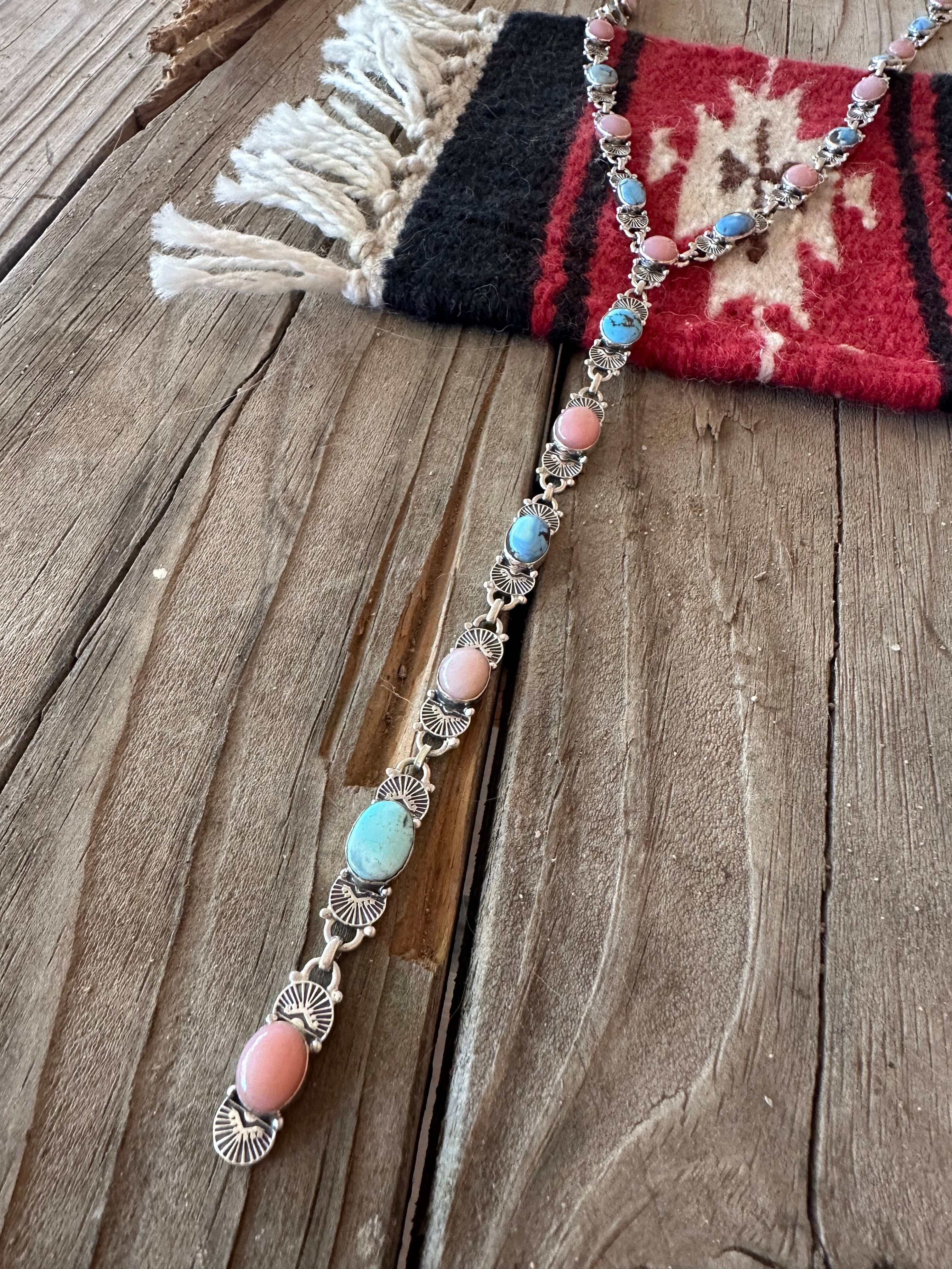 Handmade Golden Hills, Pink Conch & Sterling Silver Lariat Necklace