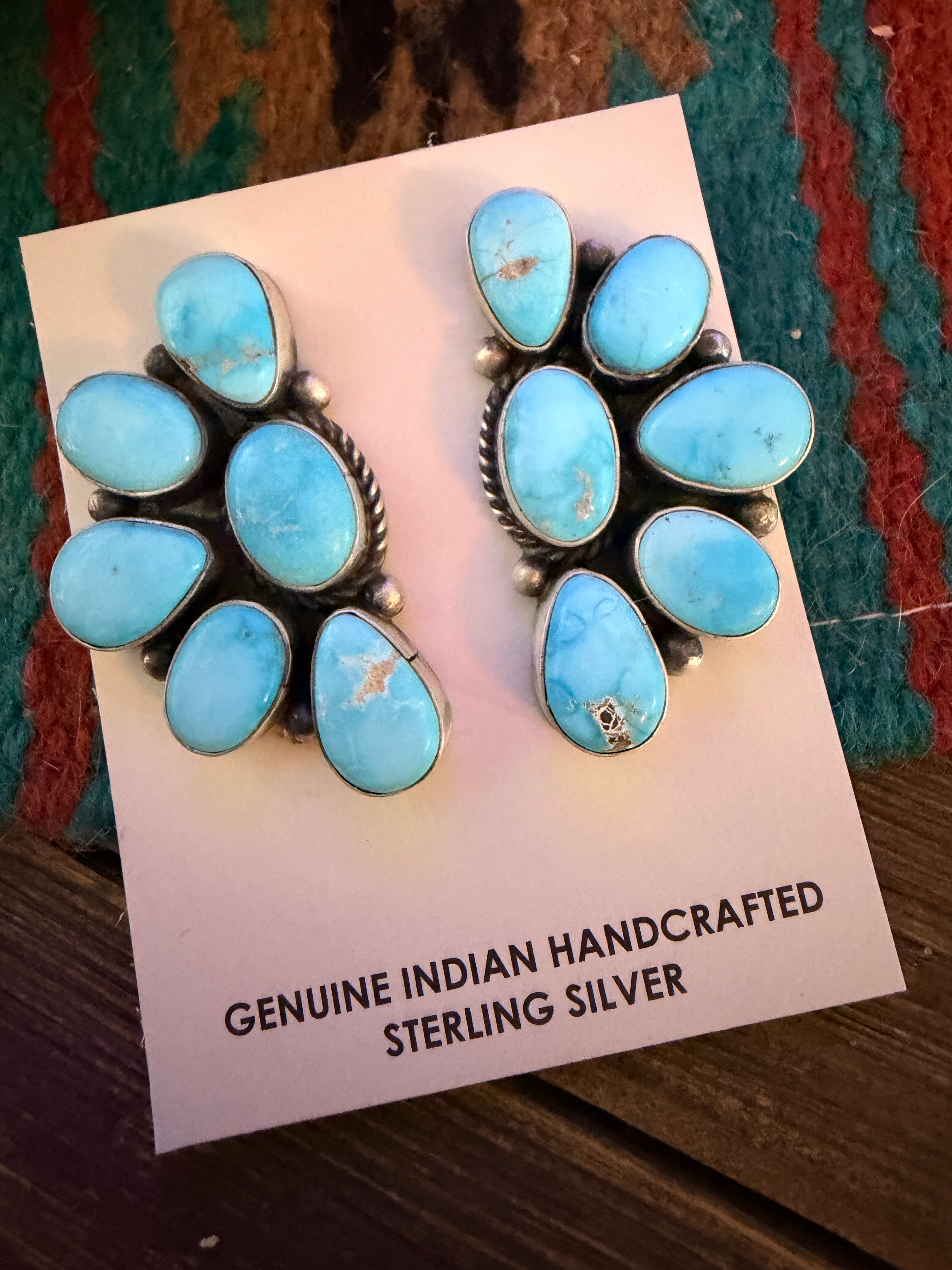 Handcrafted Sleeping Beauty Turquoise & Sterling Silver Cluster Post Earrings