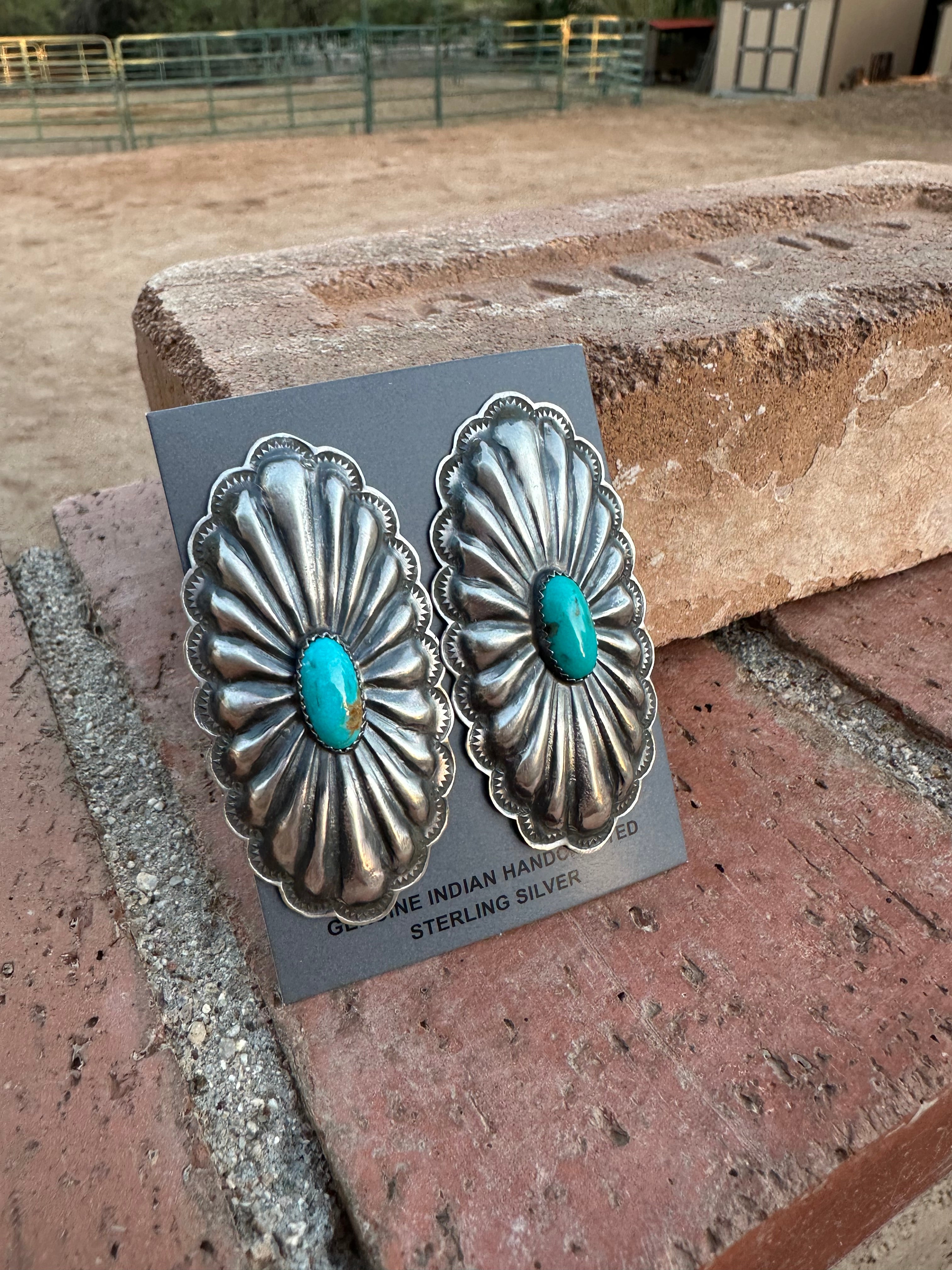 Rita Lee Navajo Hand Stamped Sterling Silver & Turquoise Concho Post Earrings