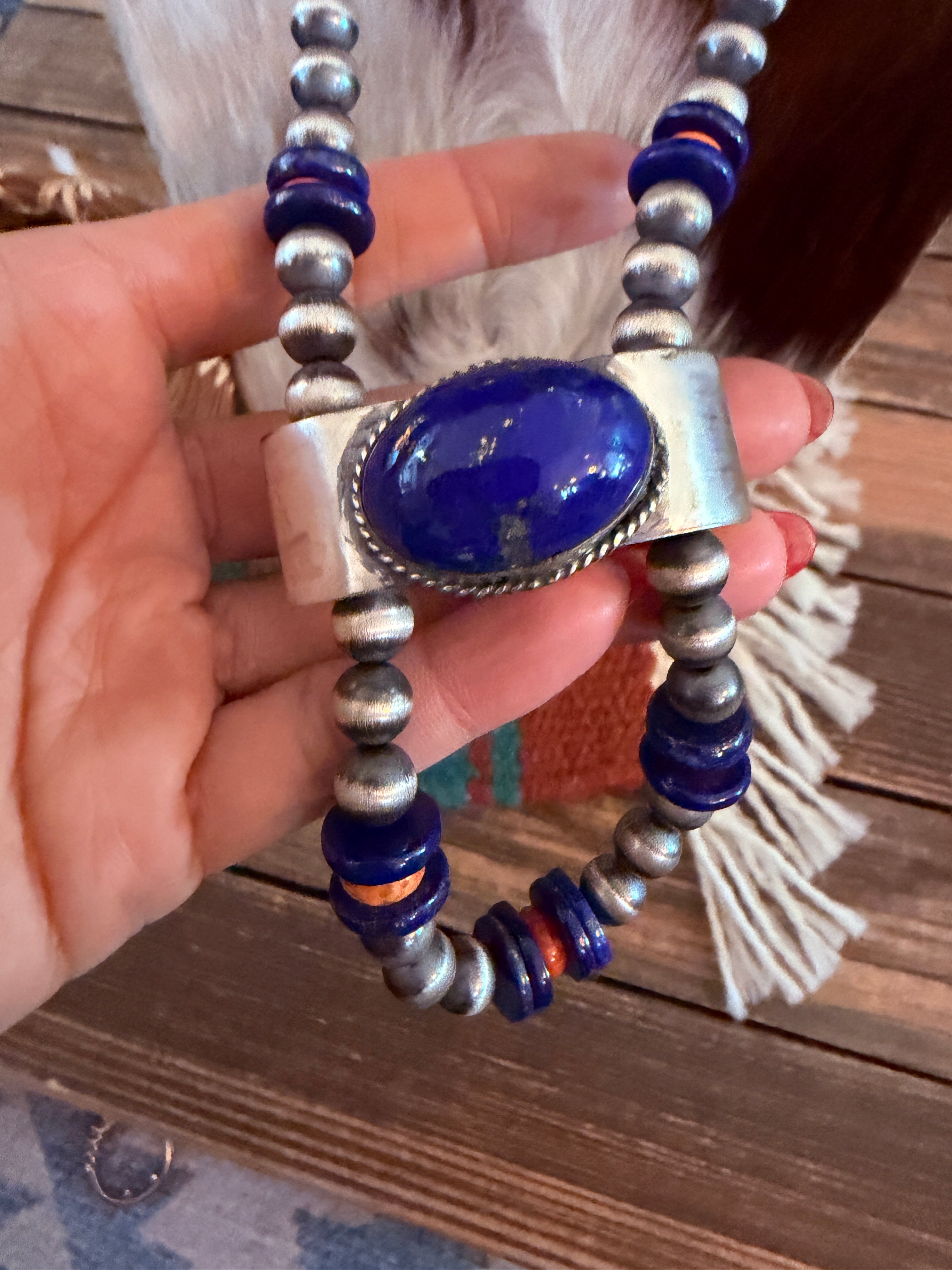 Handcrafted Lapis, Spiny & Sterling Silver Beaded Jacla Necklace