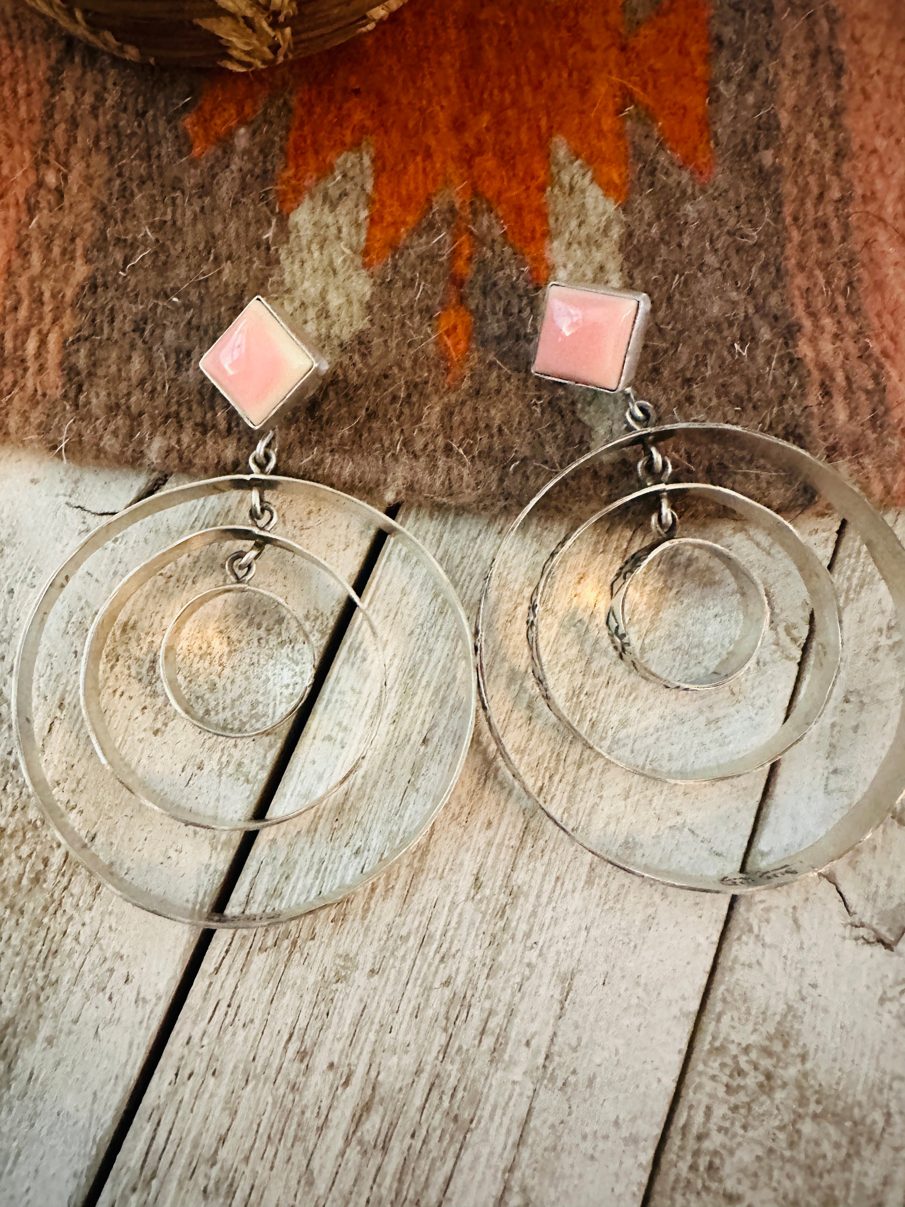 Navajo Sterling Silver & Queen Pink Conch Dangle Hoop Earrings