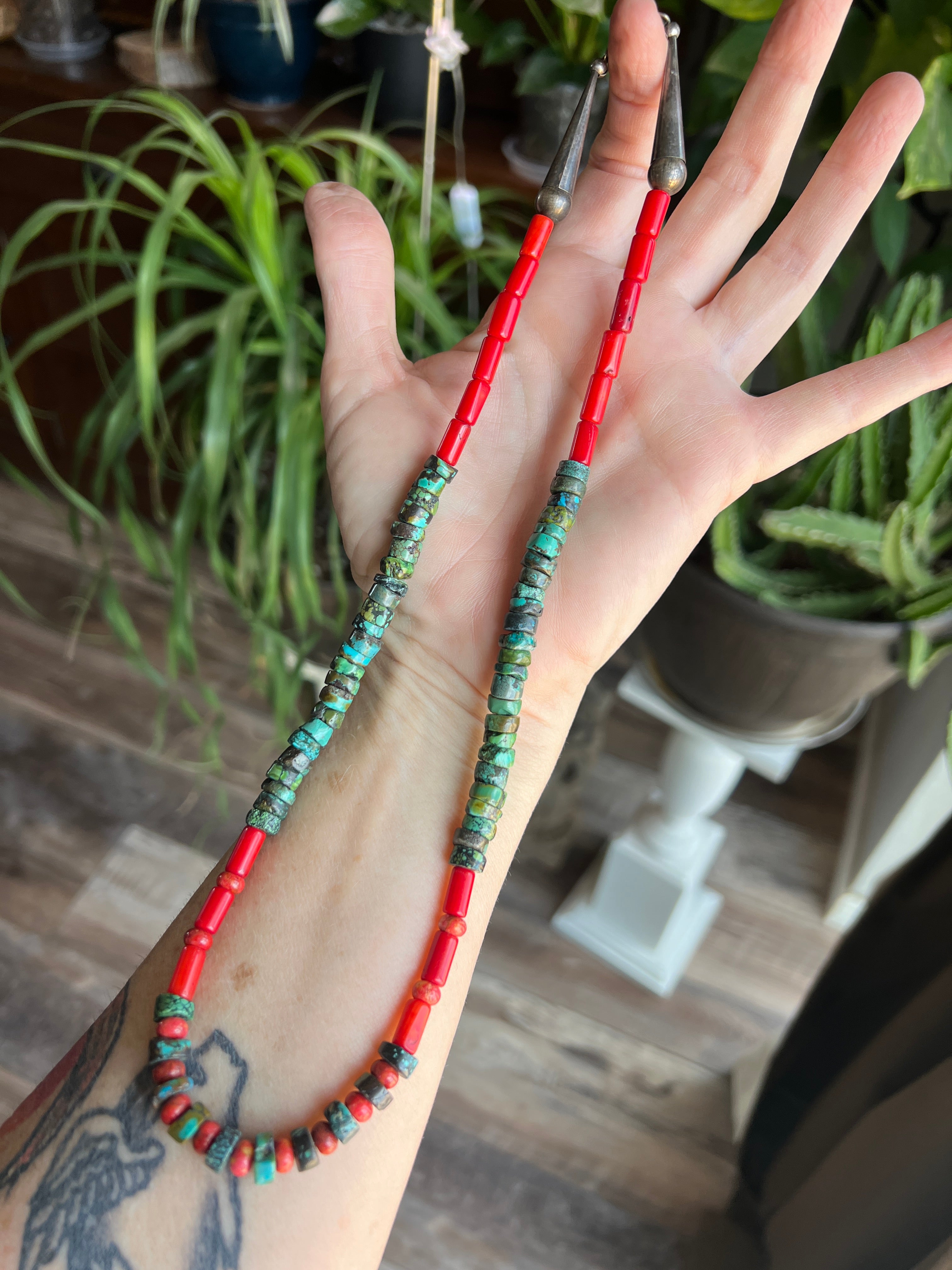 Handcrafted Hubei Turquoise Beaded Necklace with Sterling Silver and Bamboo Coral by Kirby Smith: 13 To Choose From!