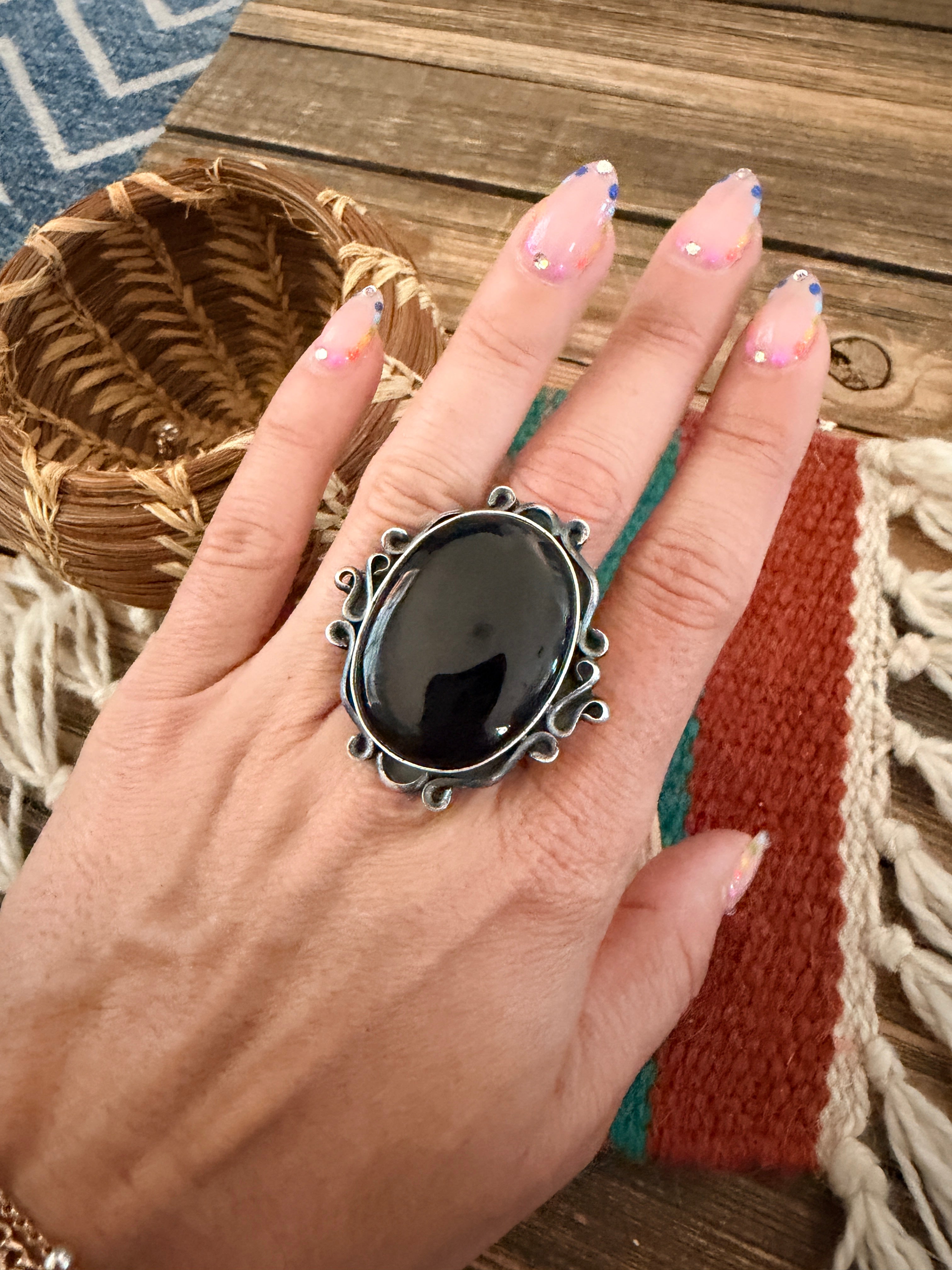 Handcrafted Black Onyx & Sterling Silver Ring Size 9