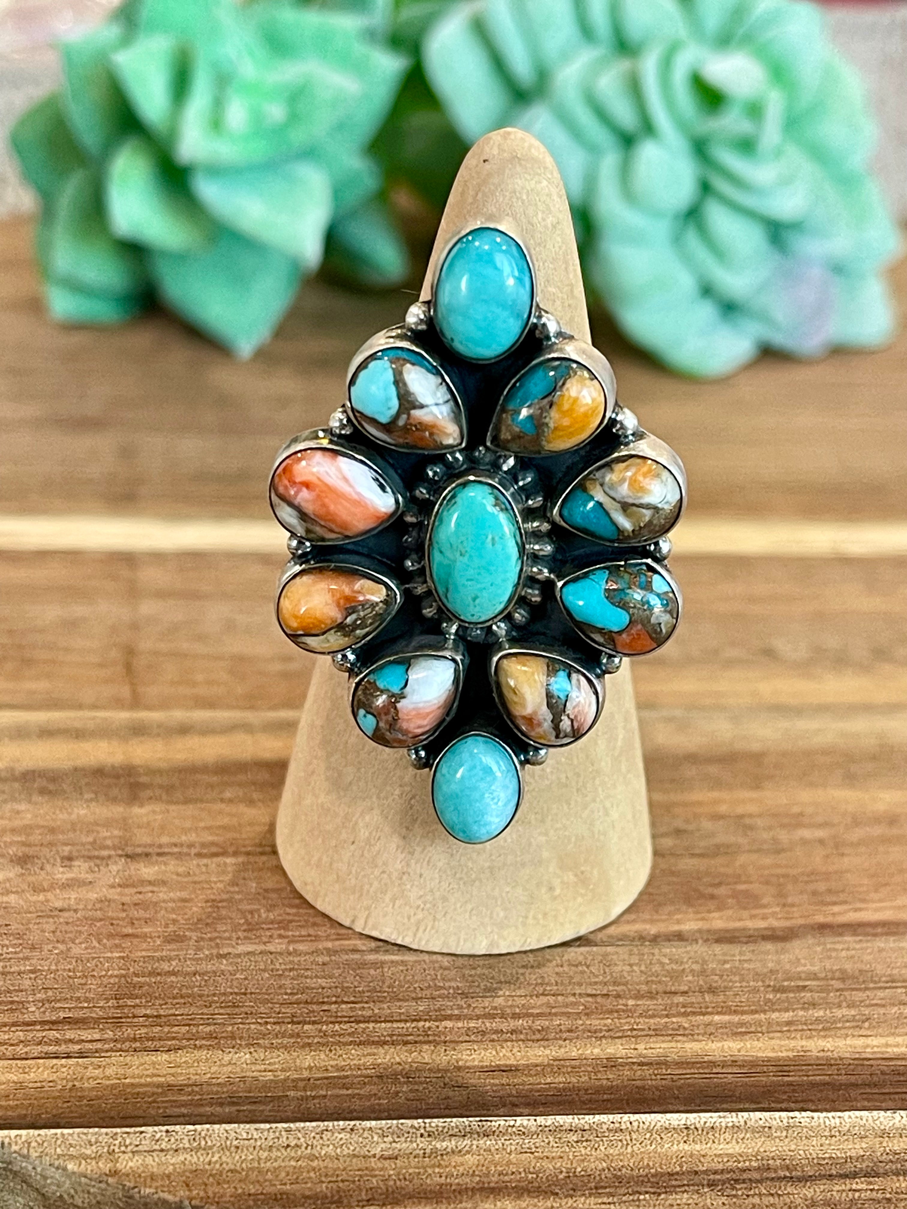 Beautiful Handmade Turquoise, Spice And Sterling Silver Adjustable Ring