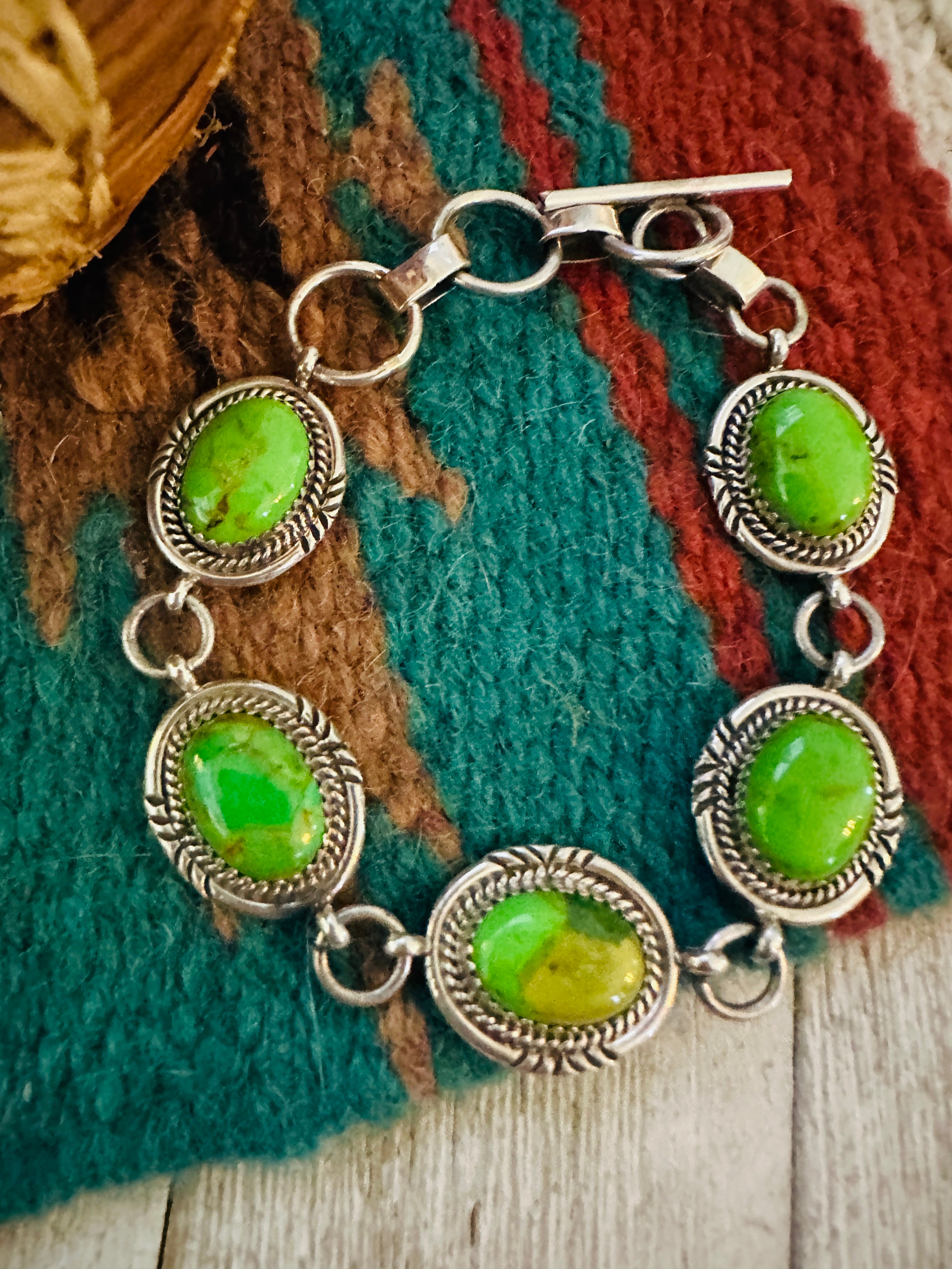 Handcrafted Green Kingman Turquoise & Sterling Silver Link Bracelet