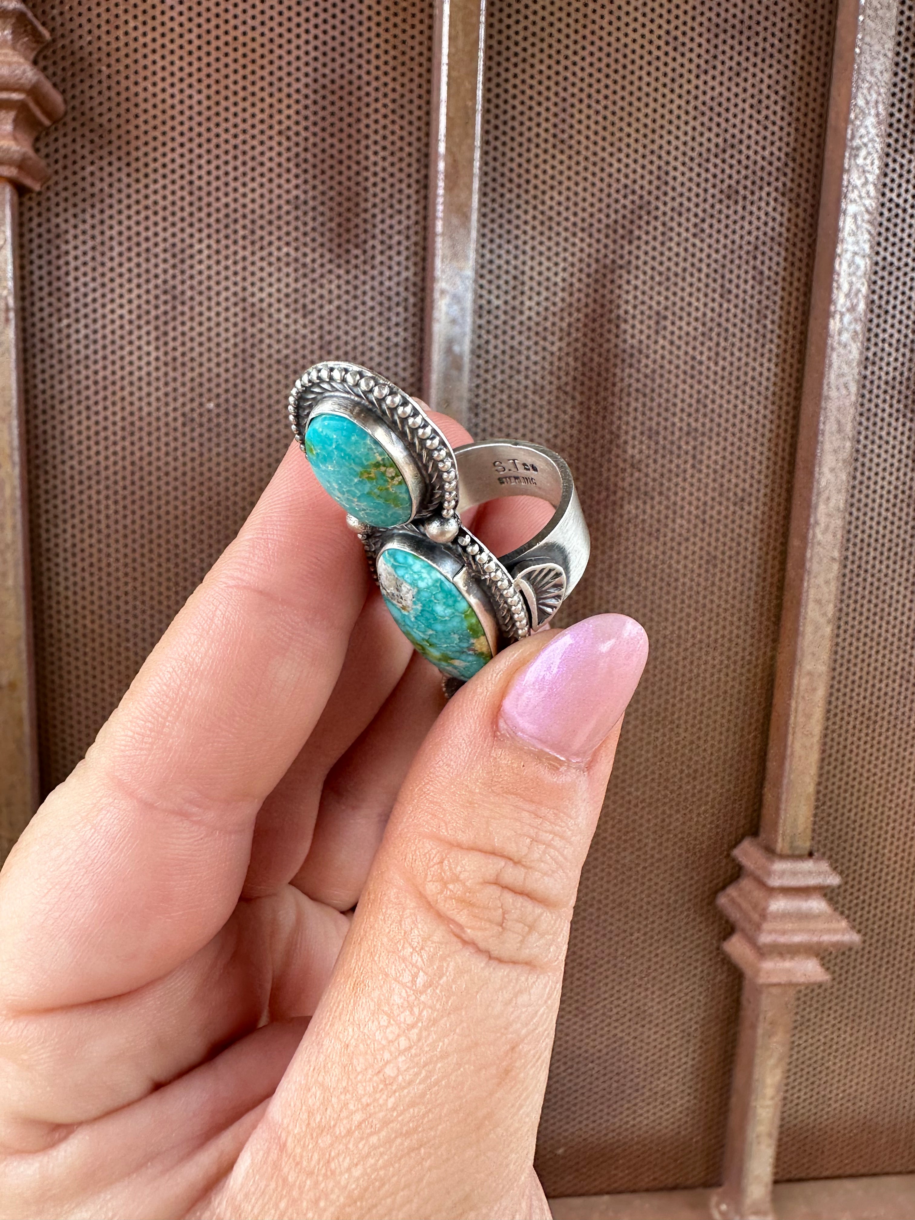 Navajo Sonoran Gold Turquoise & Sterling Silver 3 Stone Ring Size 8 Signed