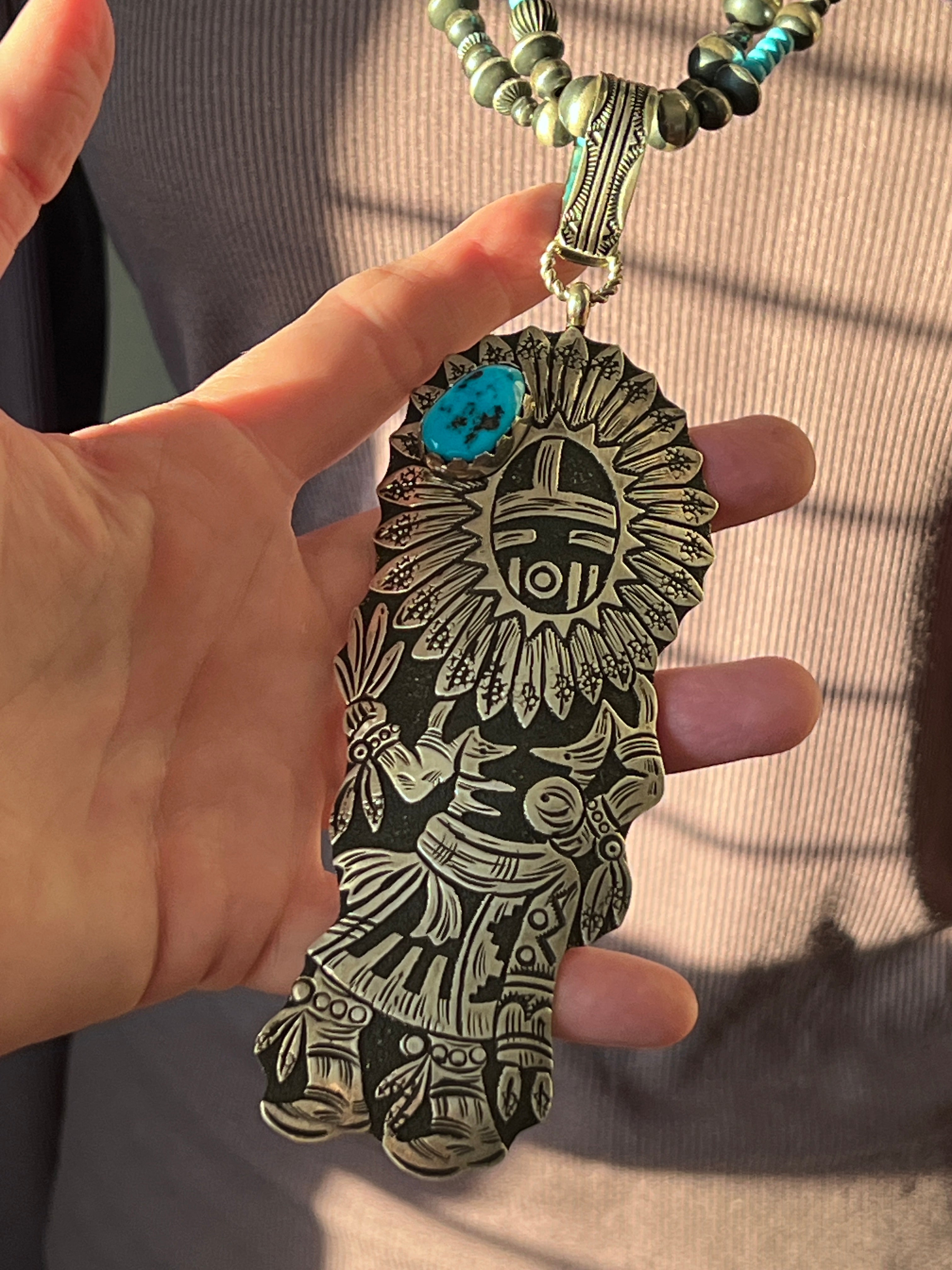 Richard Singer Sterling Silver Sun Dancer Kachina Pendant with Sleeping Beauty Turquoise