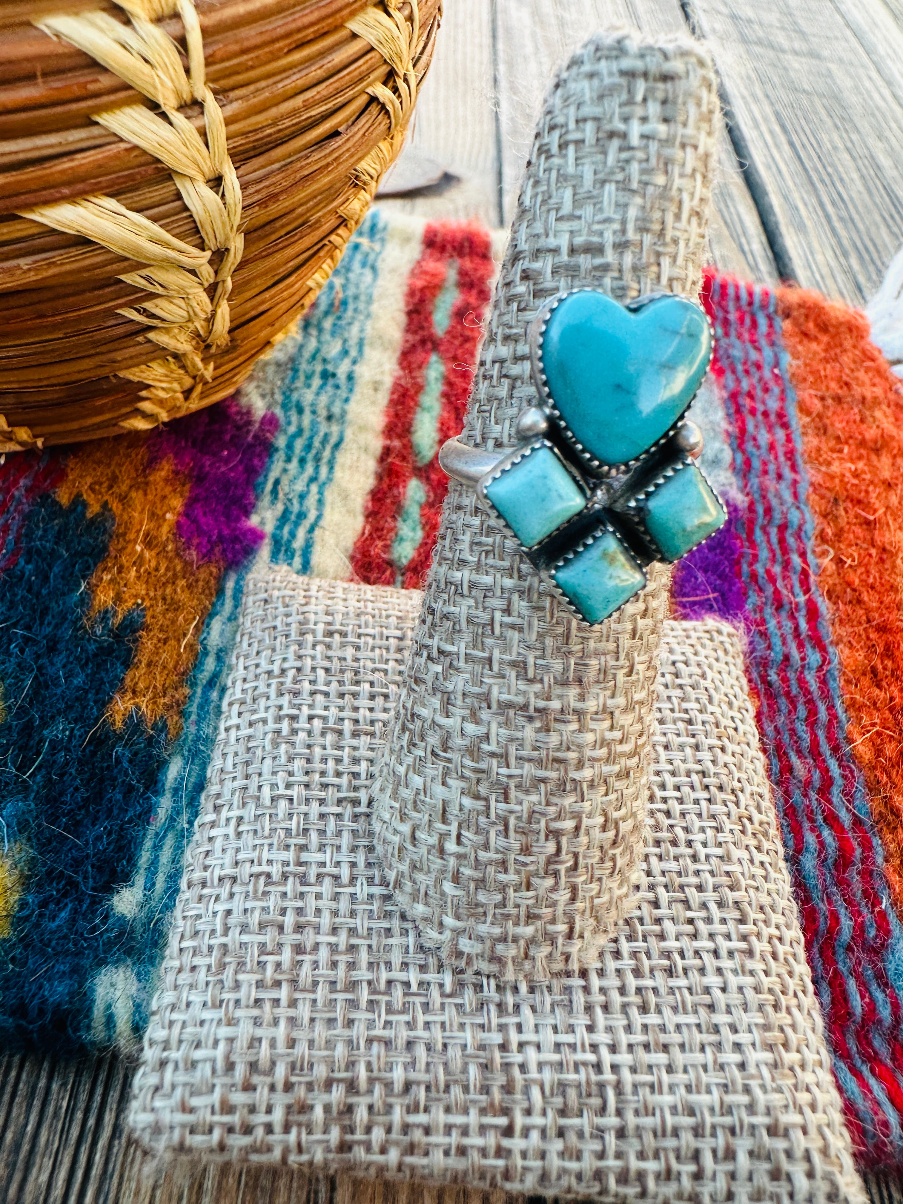 Handcrafted Turquoise & Sterling Silver Heart Adjustable Ring by Julia Etsitty