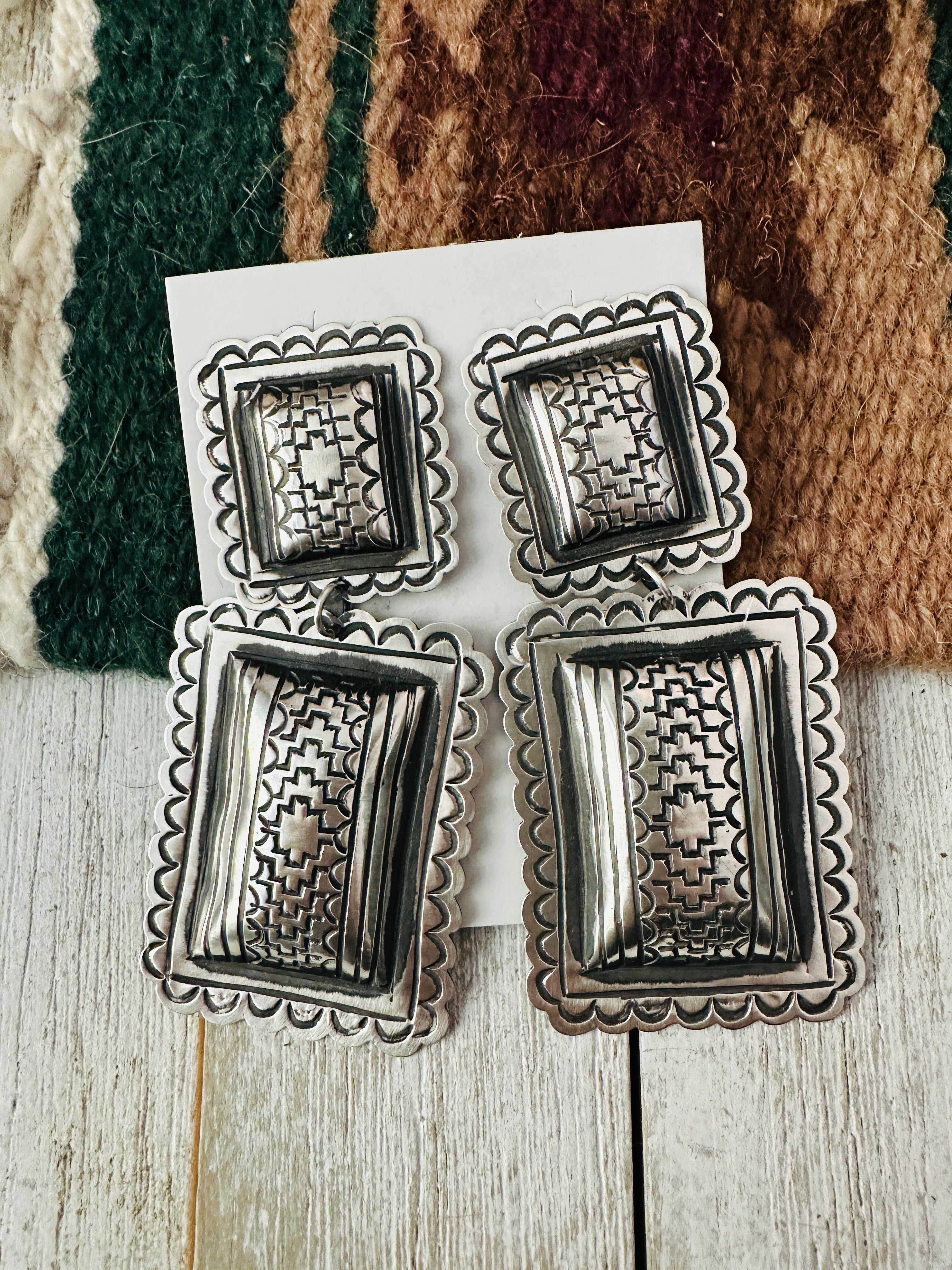 Navajo Hand Stamped Sterling Silver Concho Dangle Earrings by Leander Tahe