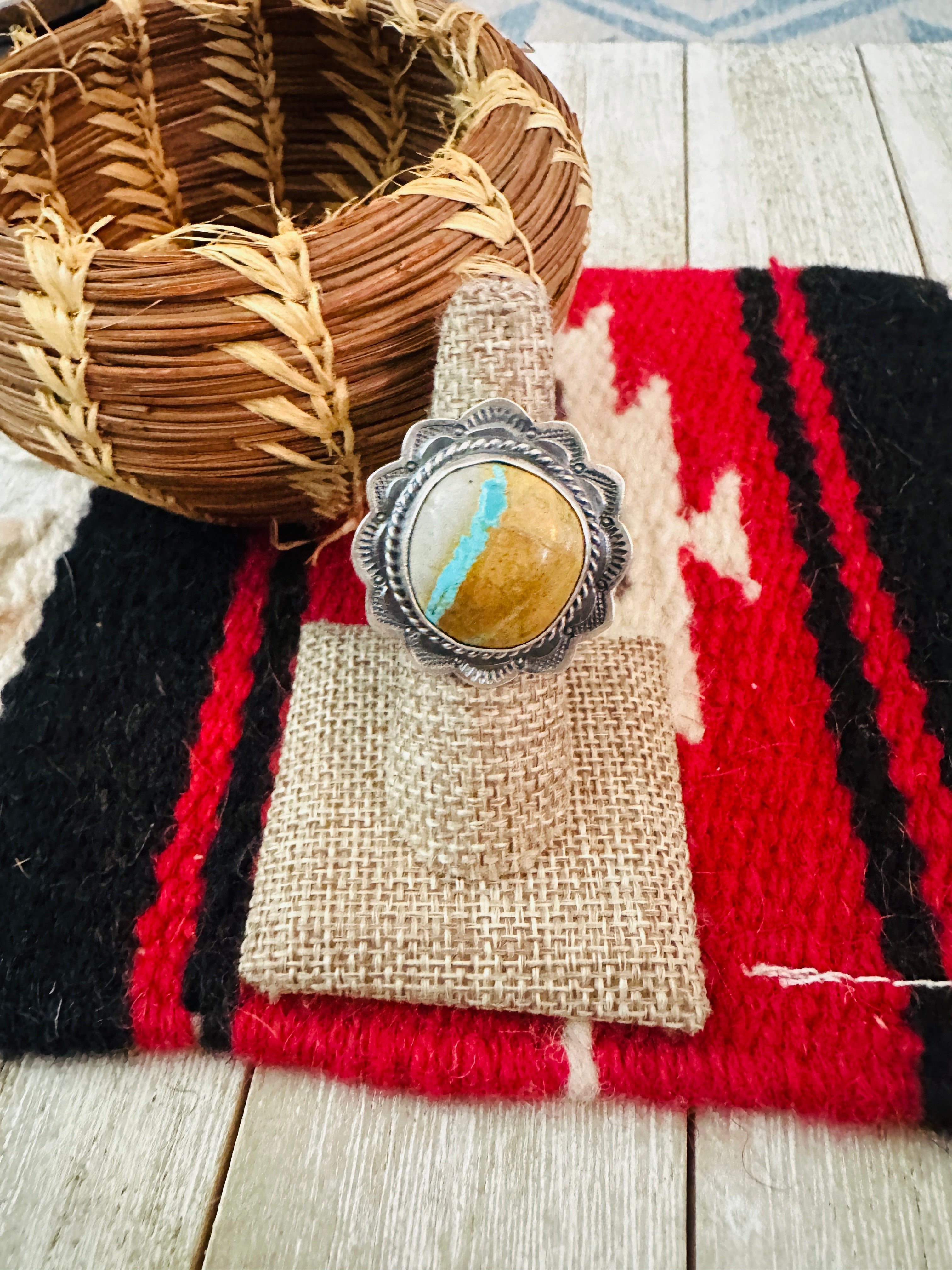 Handcrafted Ribbon Turquoise & Sterling Silver Ring Size 6.5