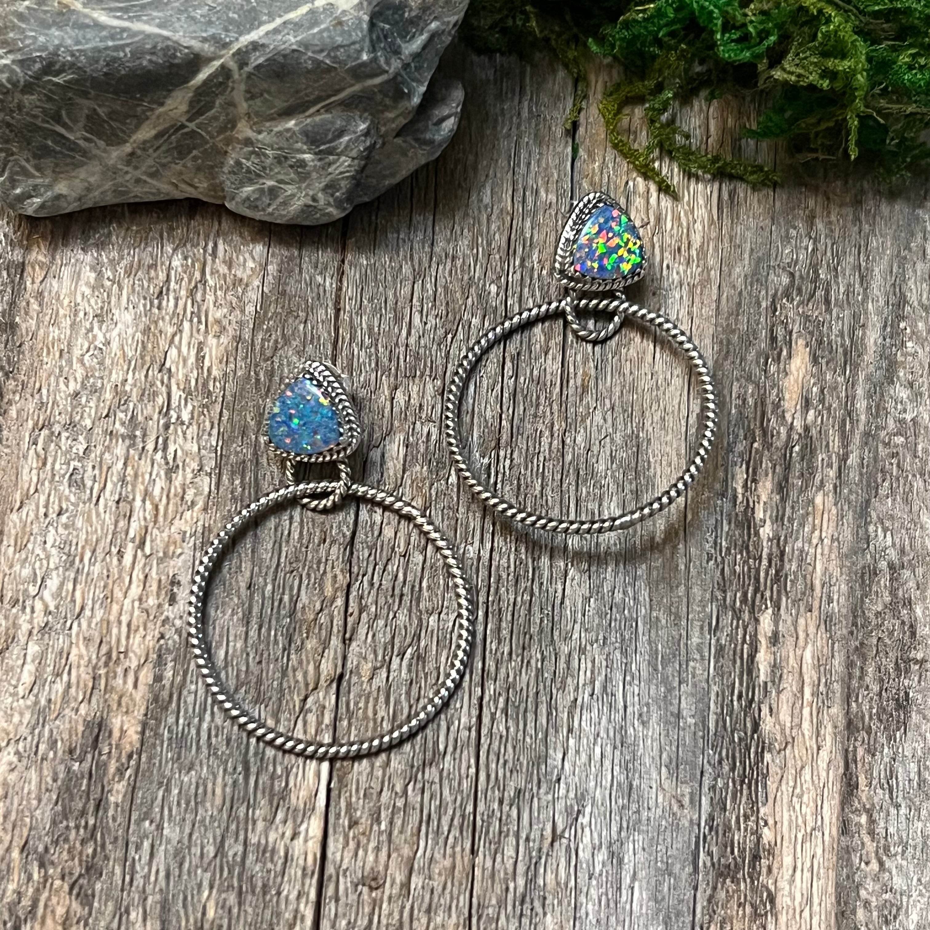 Handmade Blue Speckled Opal Sterling Silver Hoop Earrings
