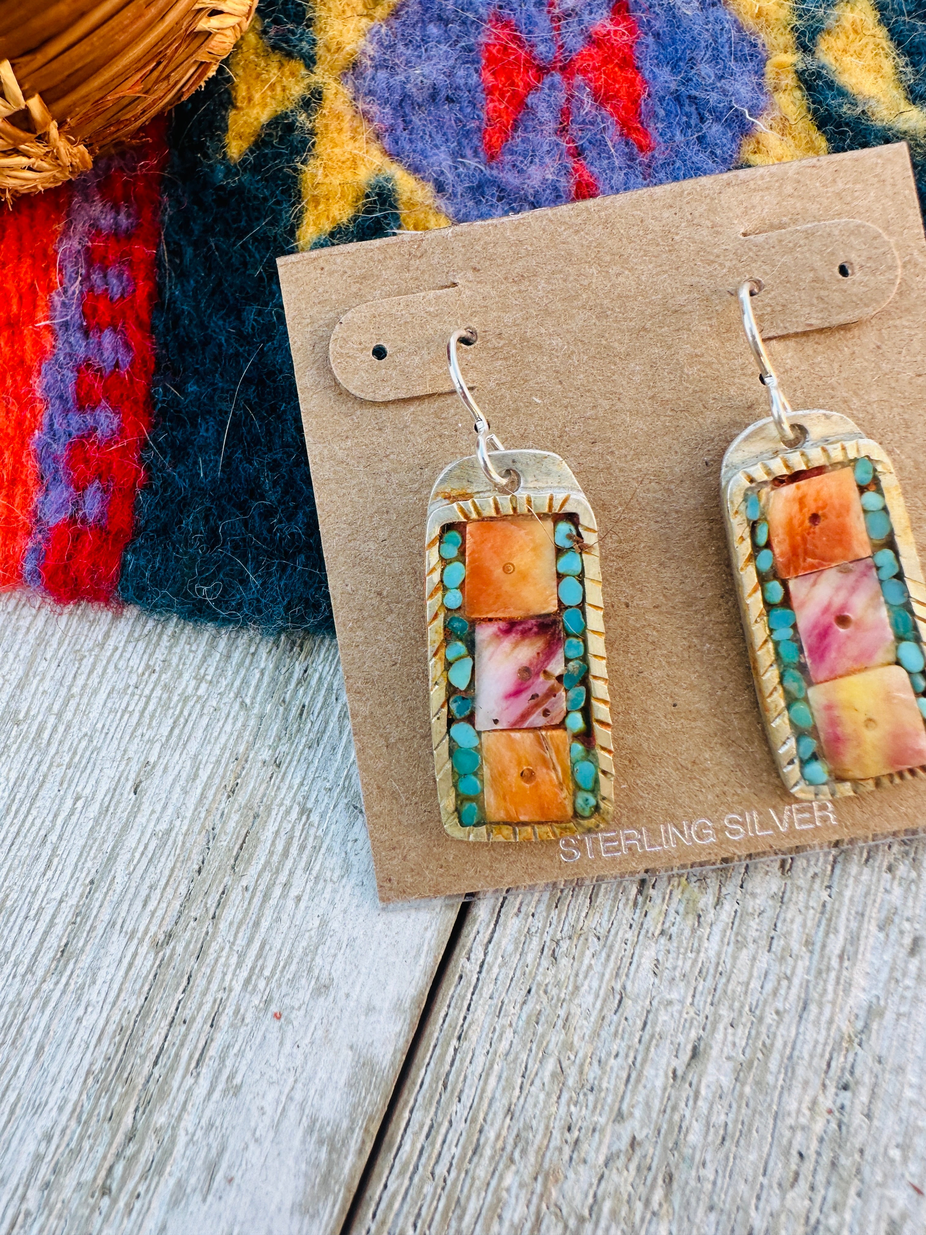 Handcrafted Spiny, Turquoise & Sterling Silver Inlay Dangle Earrings