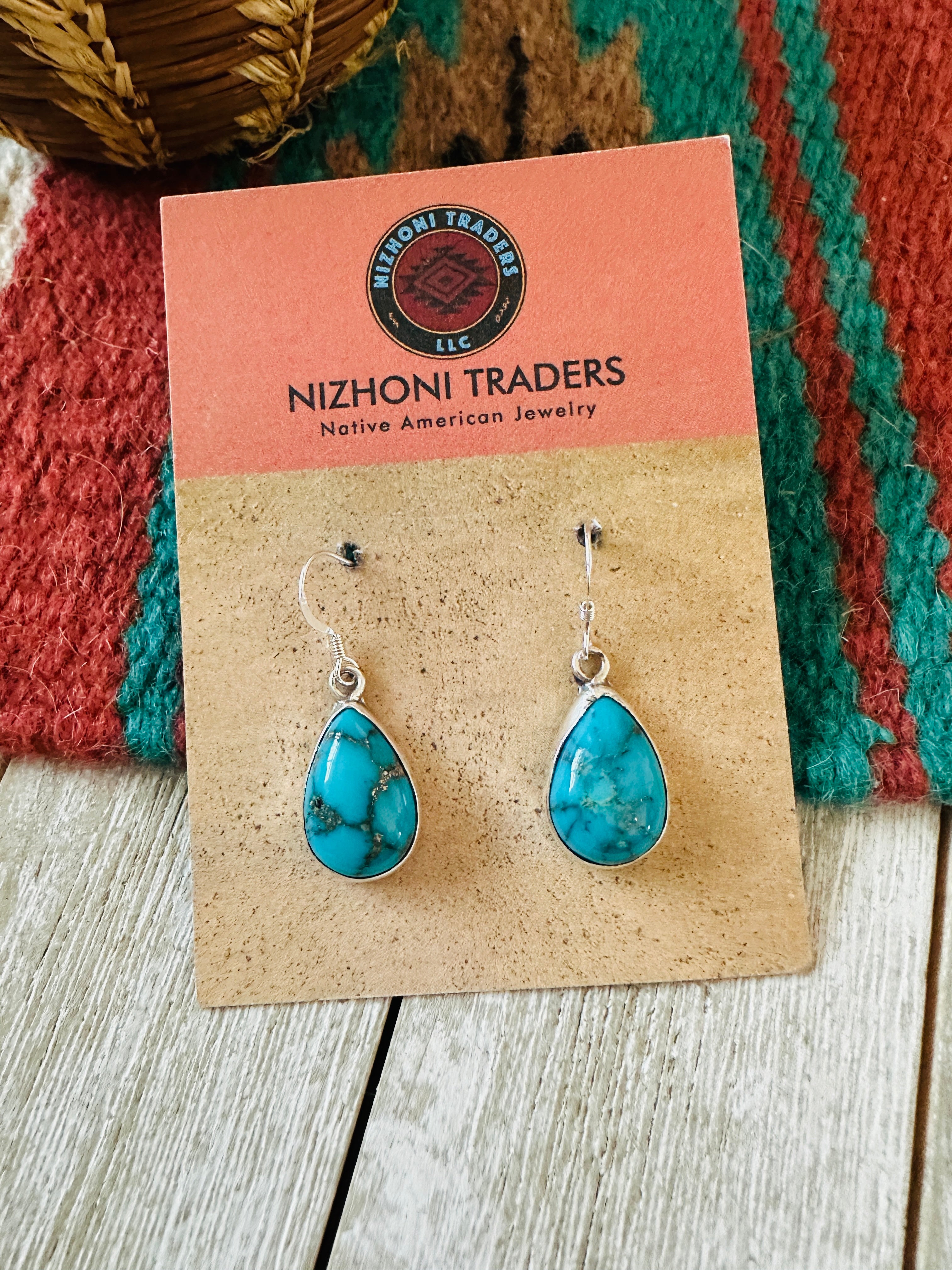 Navajo Turquoise & Sterling Silver Teardrop Dangle Earrings