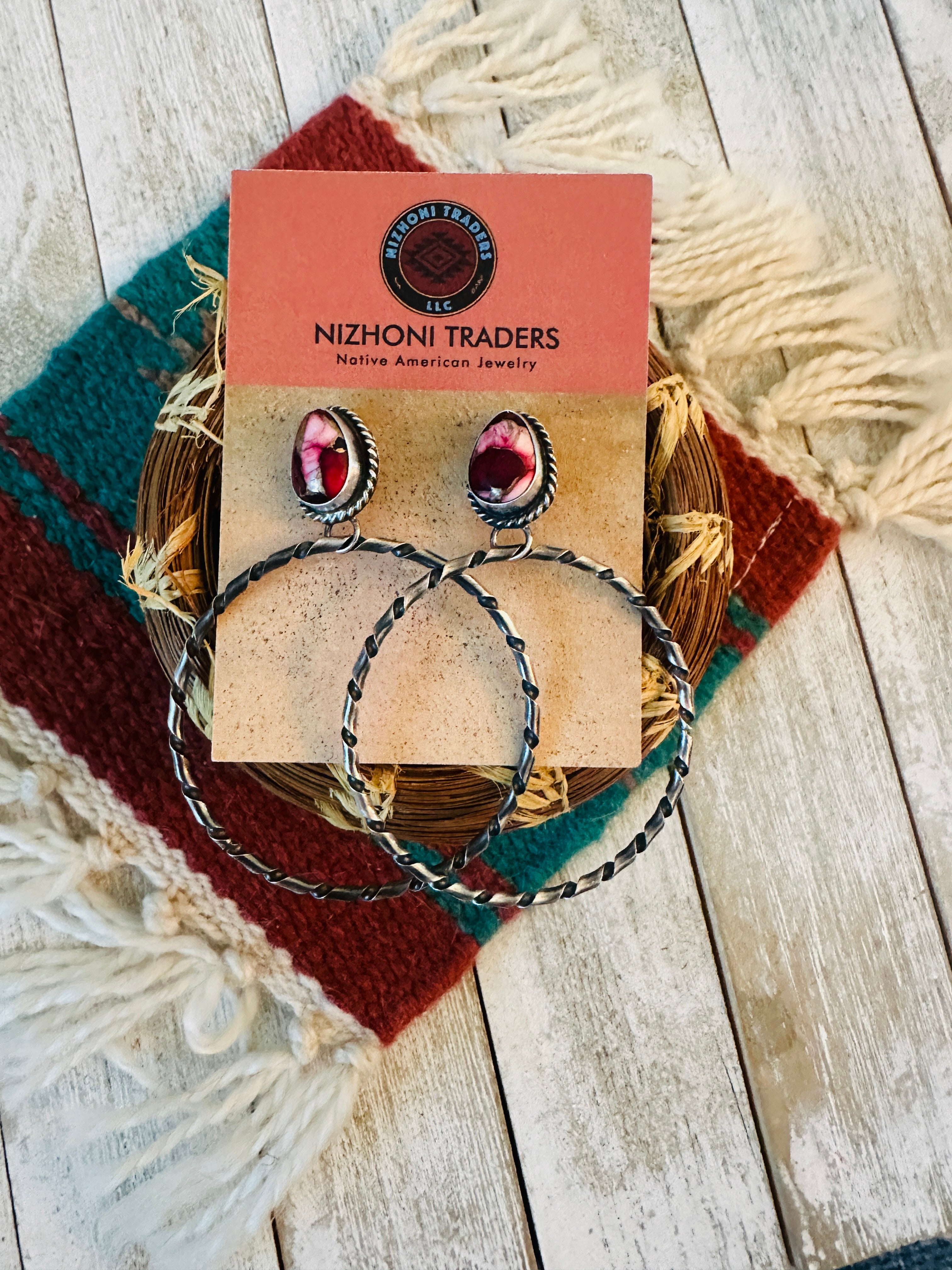 Navajo Rose Dahlia and Sterling Silver Dangle Hoop Earrings