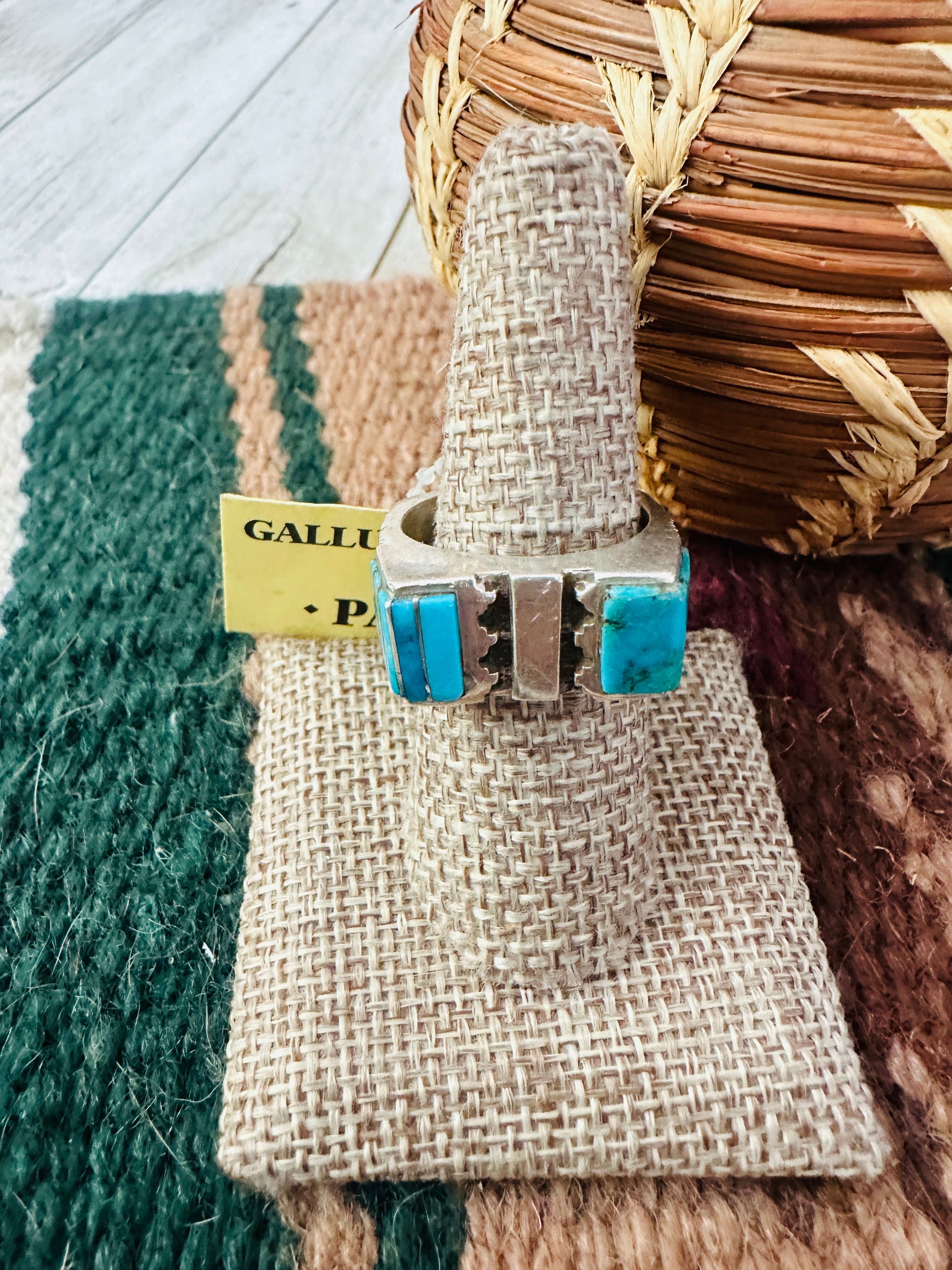 Old Pawn Handcrafted Turquoise & Sterling Silver Inlay Band Ring Size 10