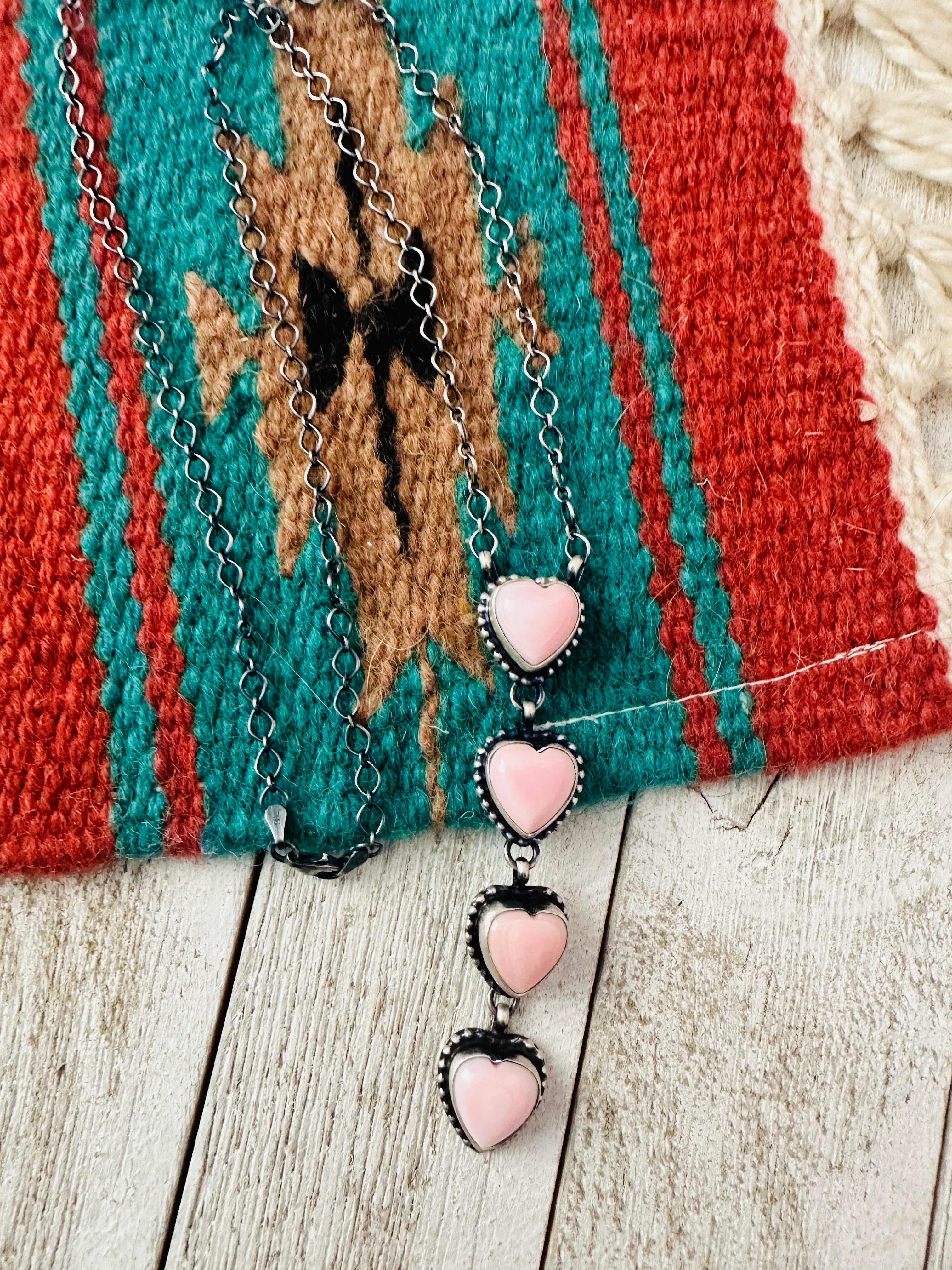 Navajo Queen Pink Conch & Sterling Silver Pearl Lariat Heart Necklace