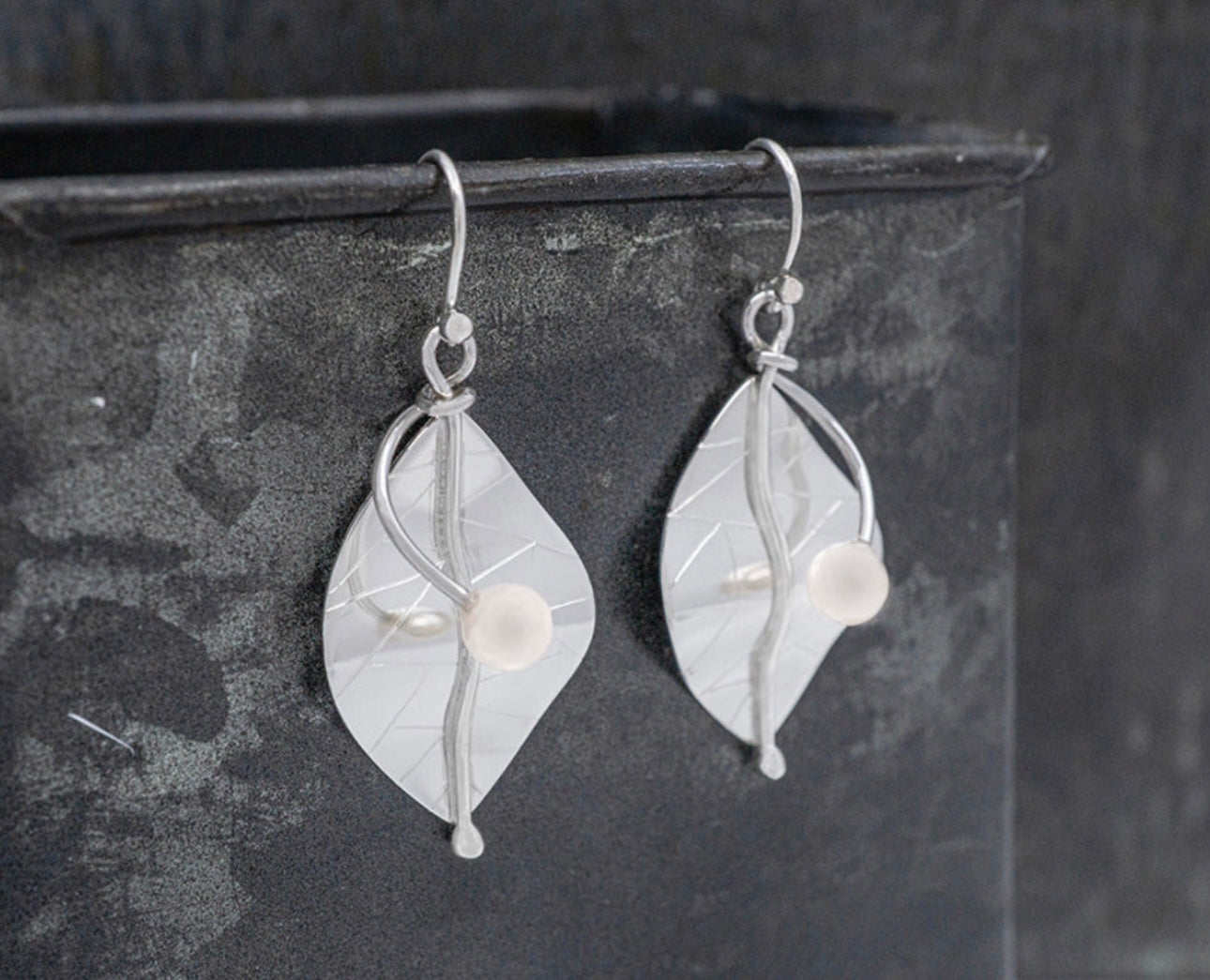 Modern Leaf Earrings with Pearl & Sterling Silver