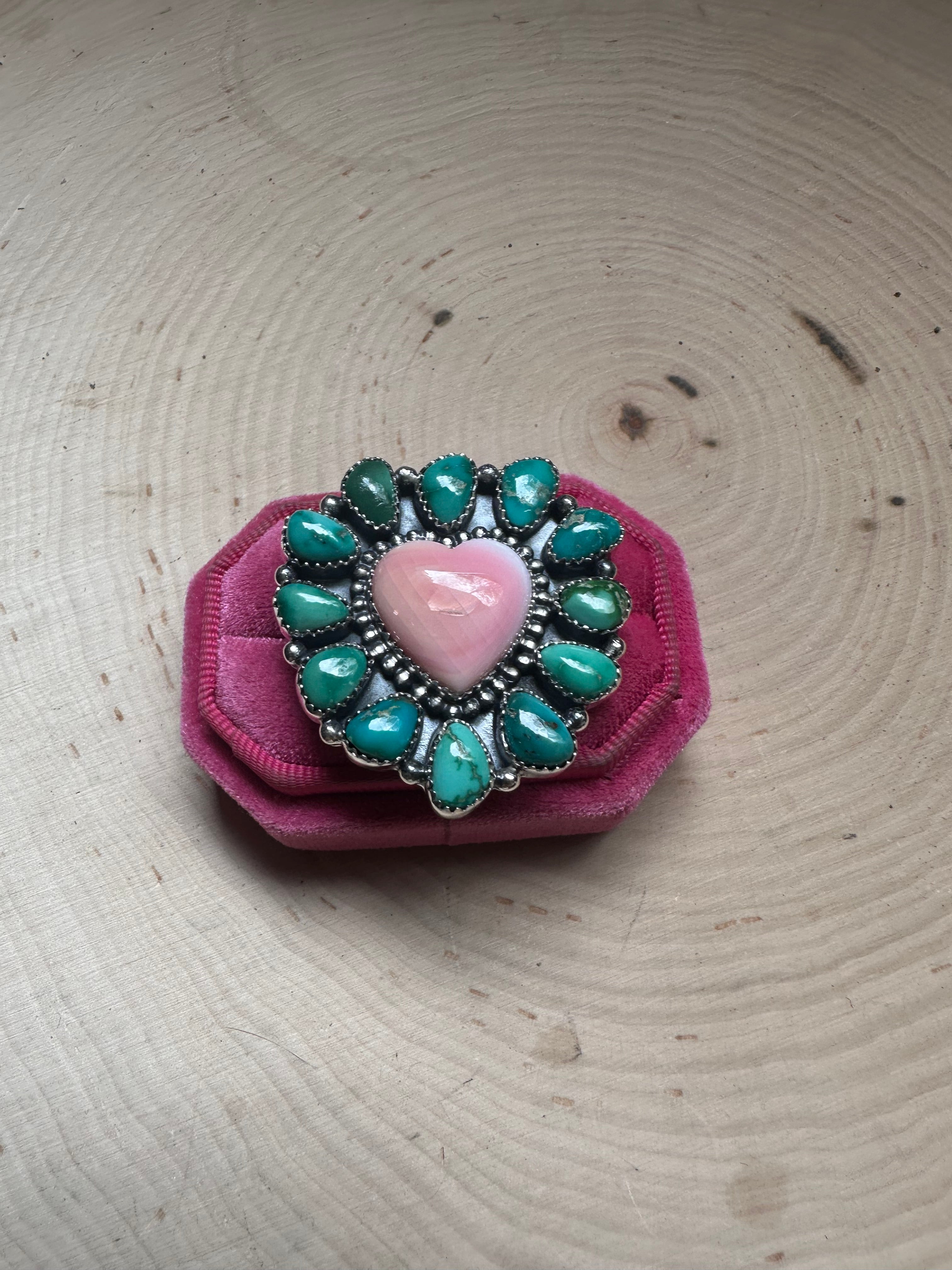 Handmade Sonoran Turquoise, Pink Conch And Sterling Silver Adjustable Heart Ring Signed Nizhoni