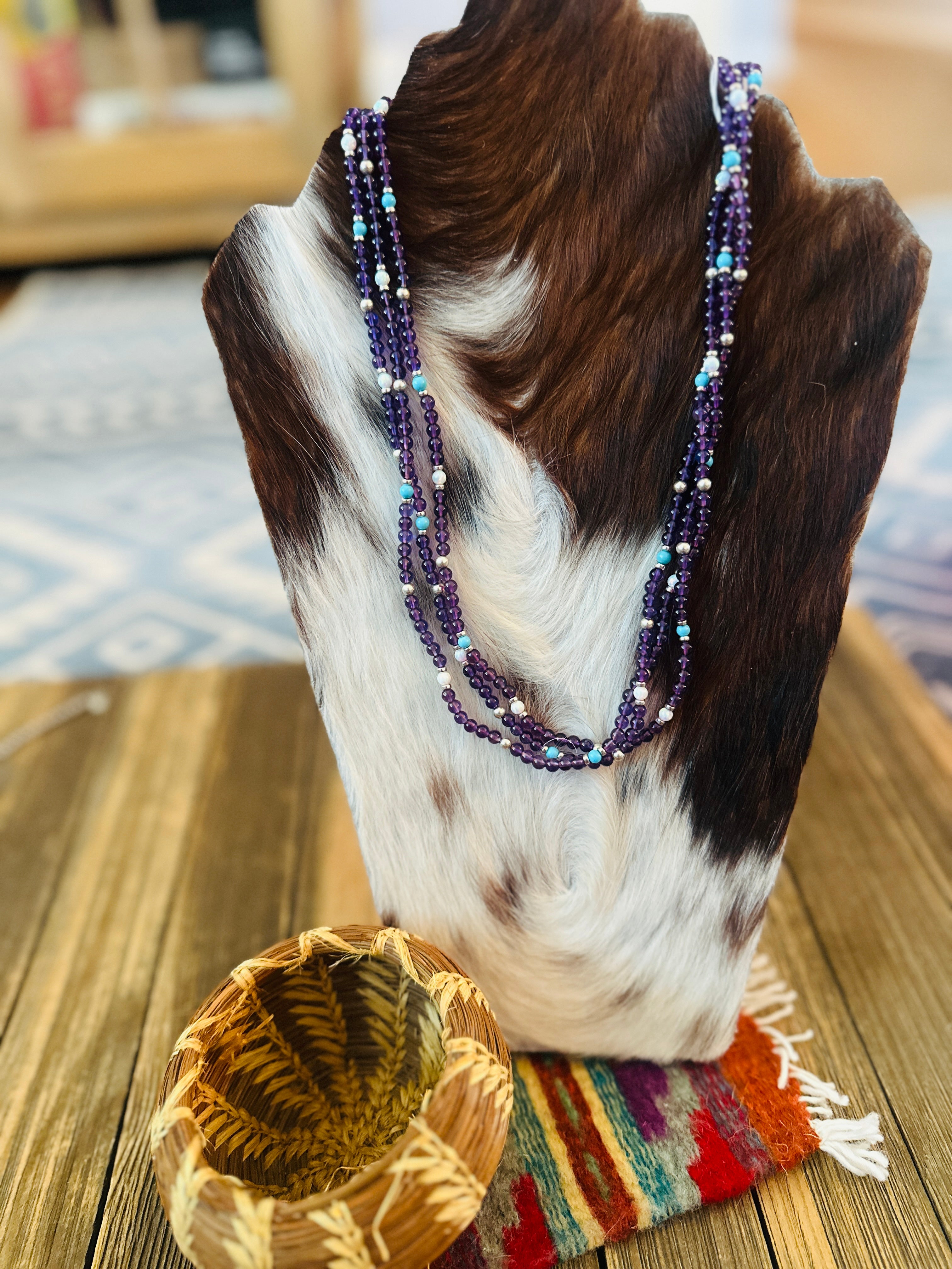 Handcrafted Amethyst, Opal, Turquoise & Sterling Silver Beaded Necklace