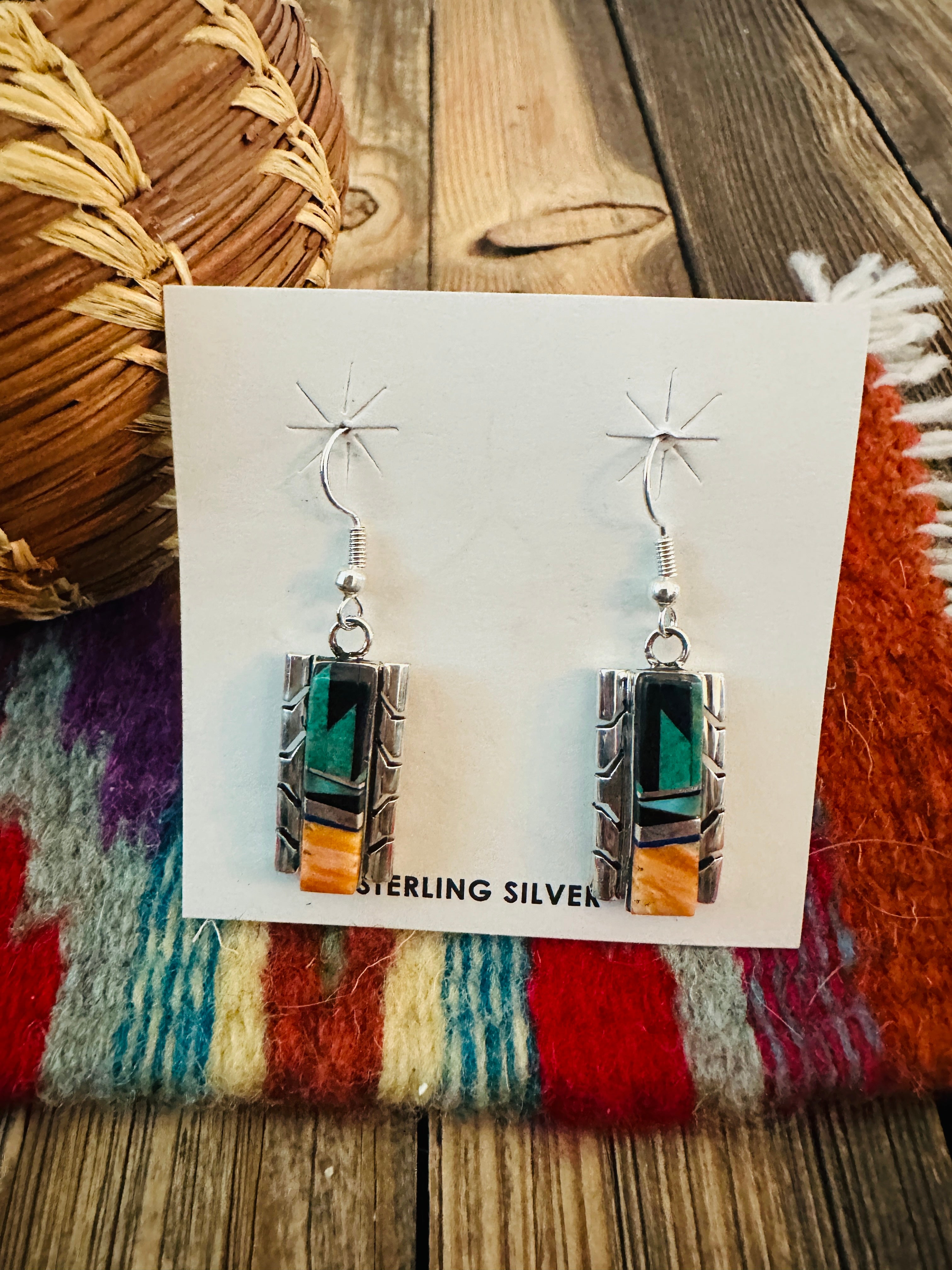 Handcrafted Multi Stone & Sterling Silver Inlay Dangle Earrings