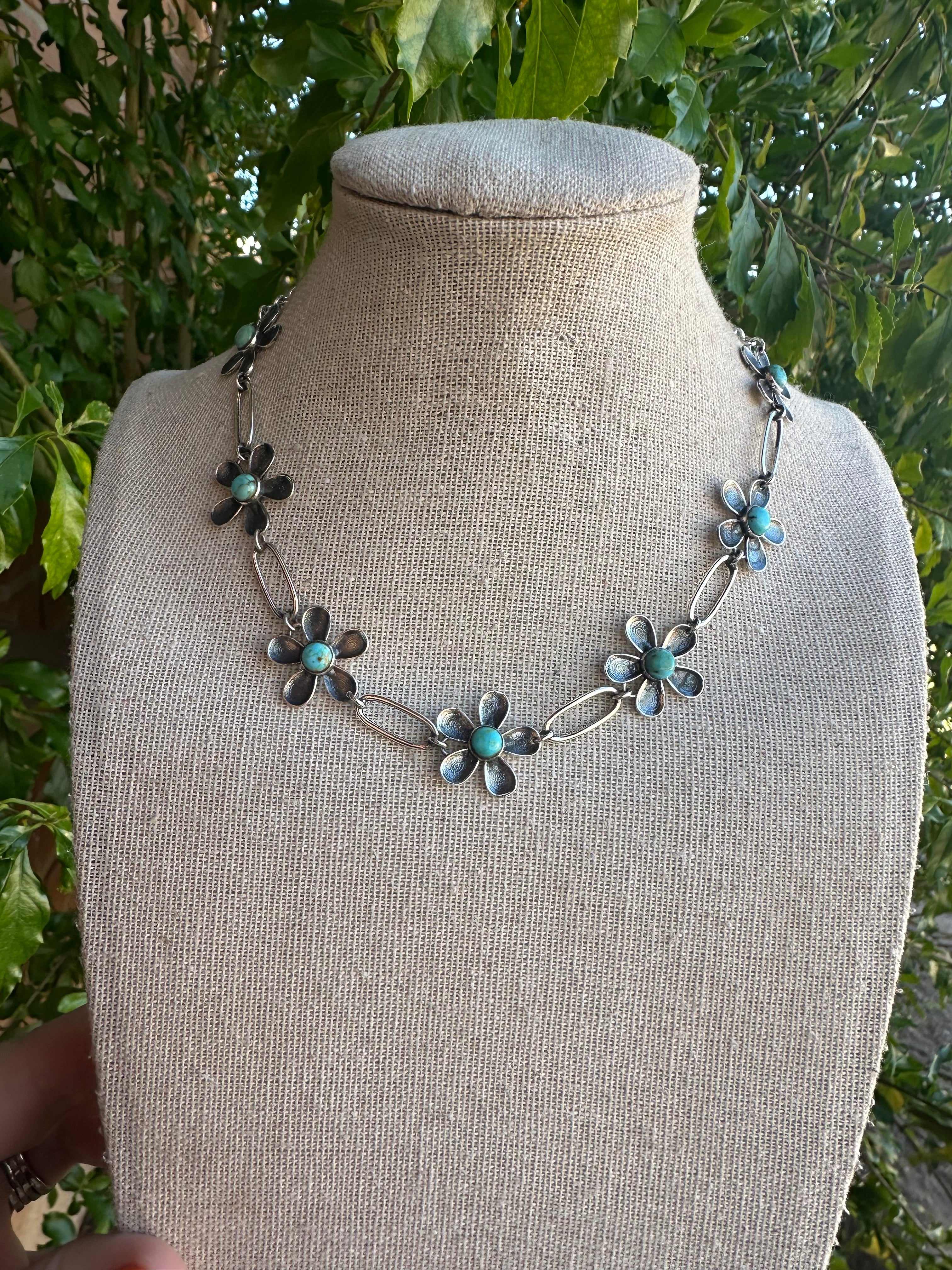 Nizhoni Handmade Sterling Silver & Turquoise Daisy Link Choker 14-16”