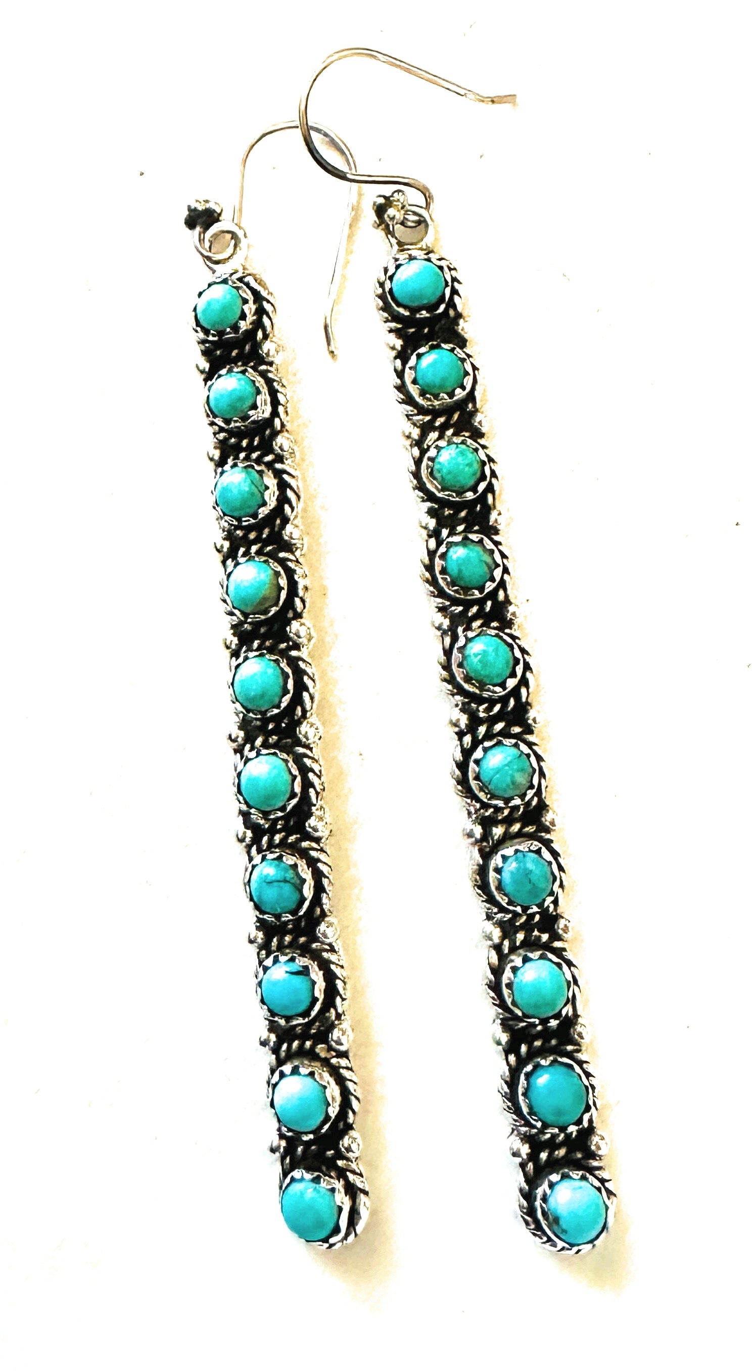 Handmade Turquoise & Sterling Silver Straight Wire Dangle Earrings Signed Nizhoni