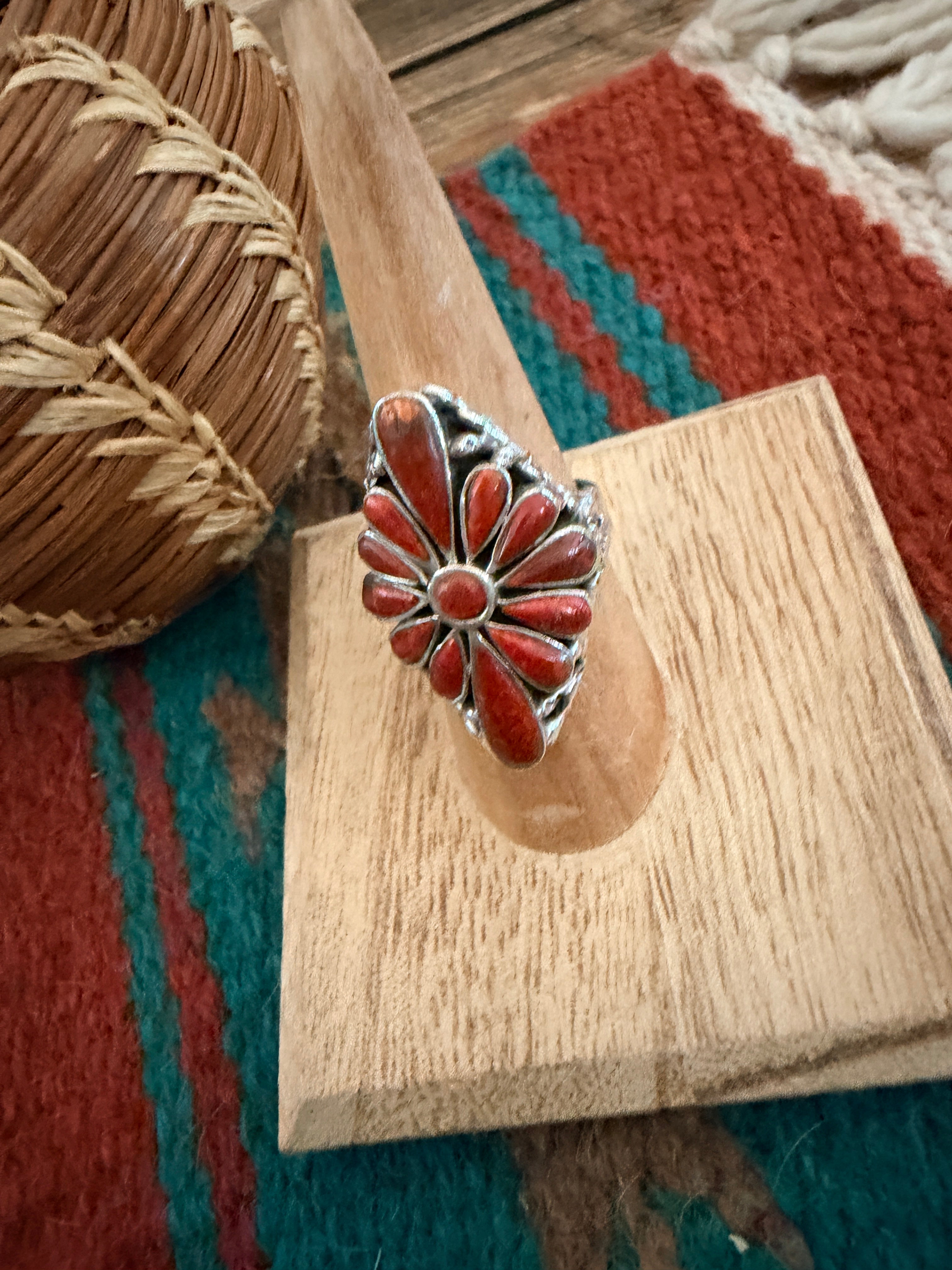 Handmade Sterling Silver and Coral Adjustable Ring