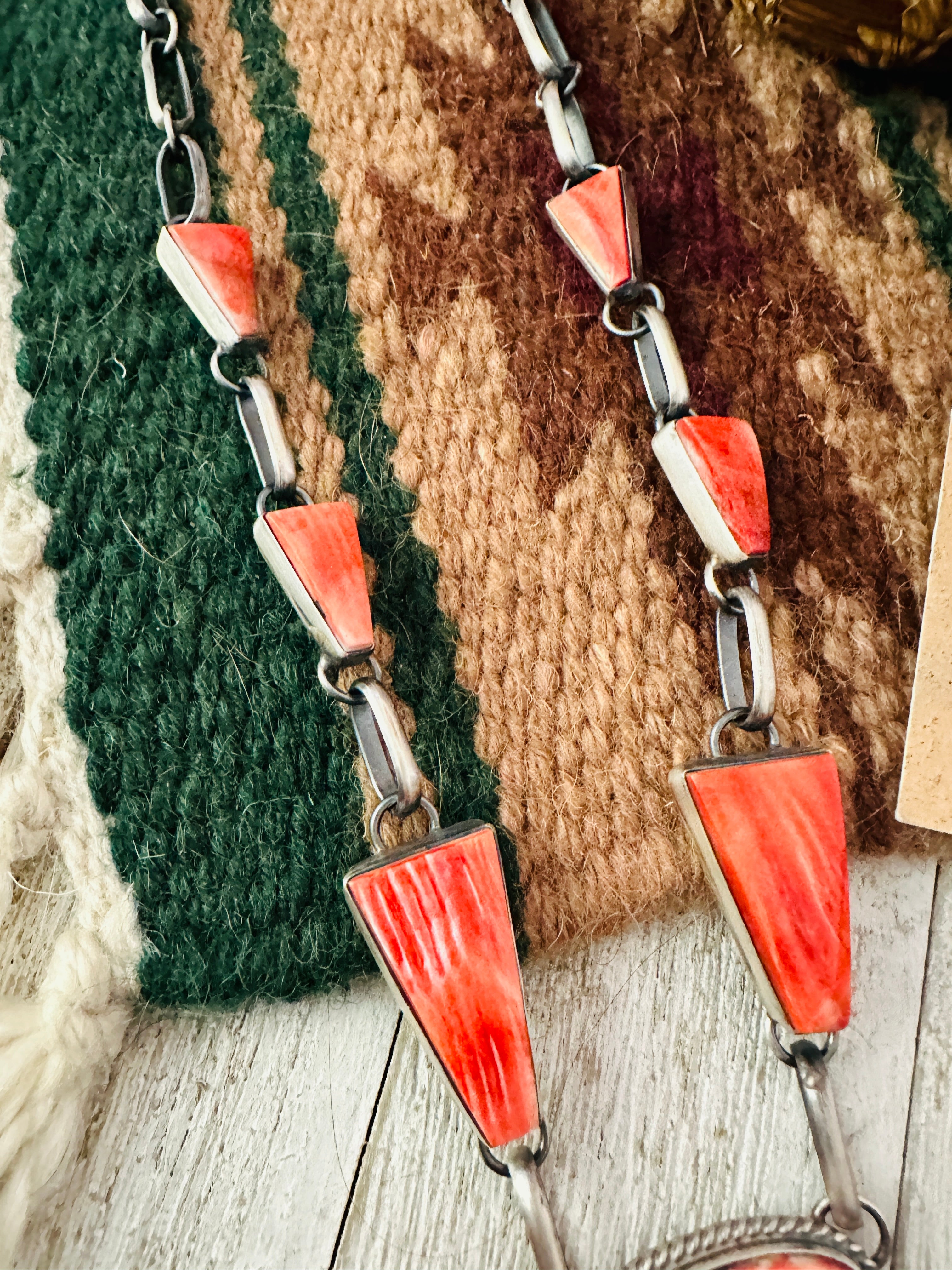 Navajo Sterling Silver & Orange Spiny Oyster Necklace Set