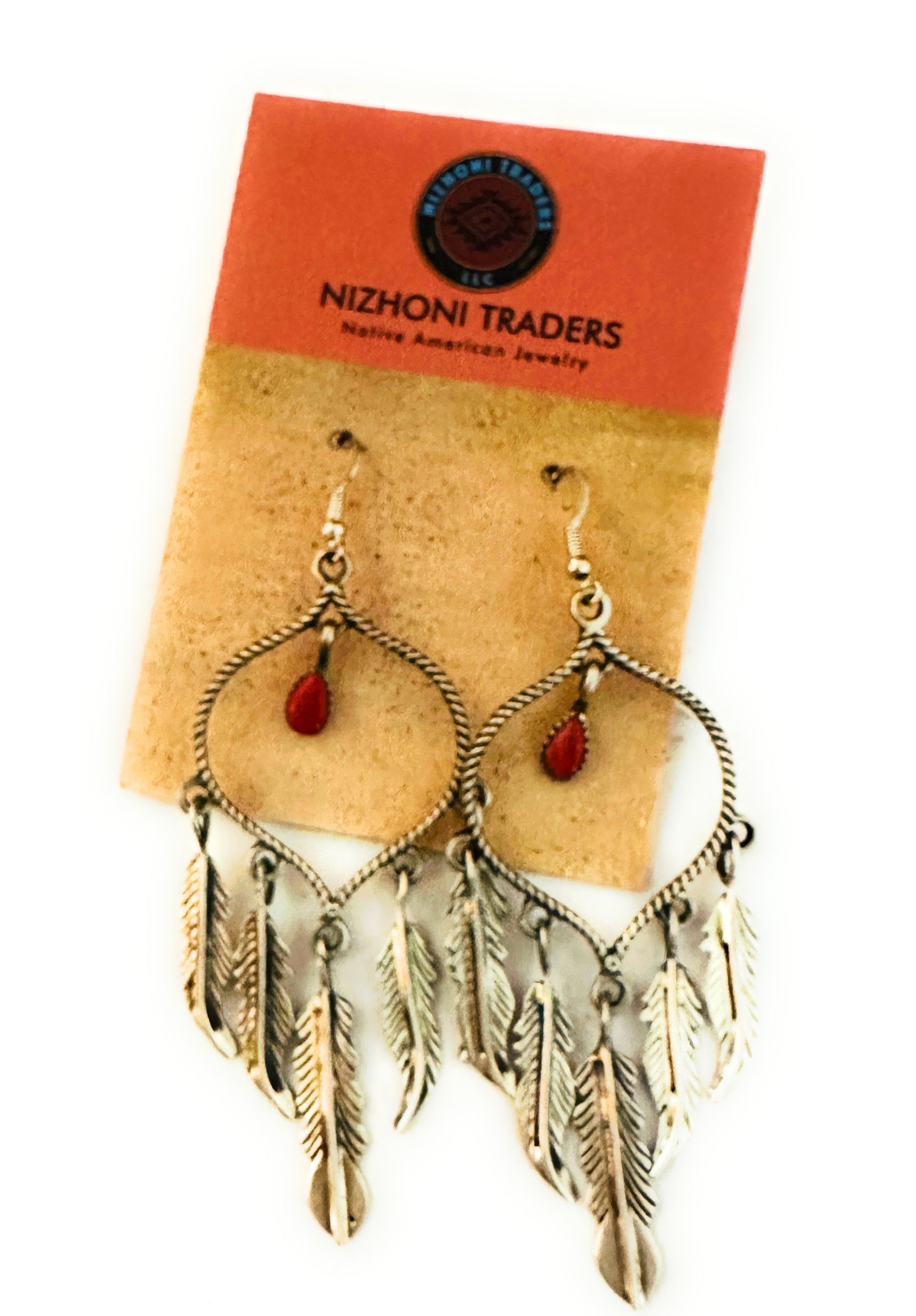 Navajo Coral & Sterling Silver Feather Dangle Earrings