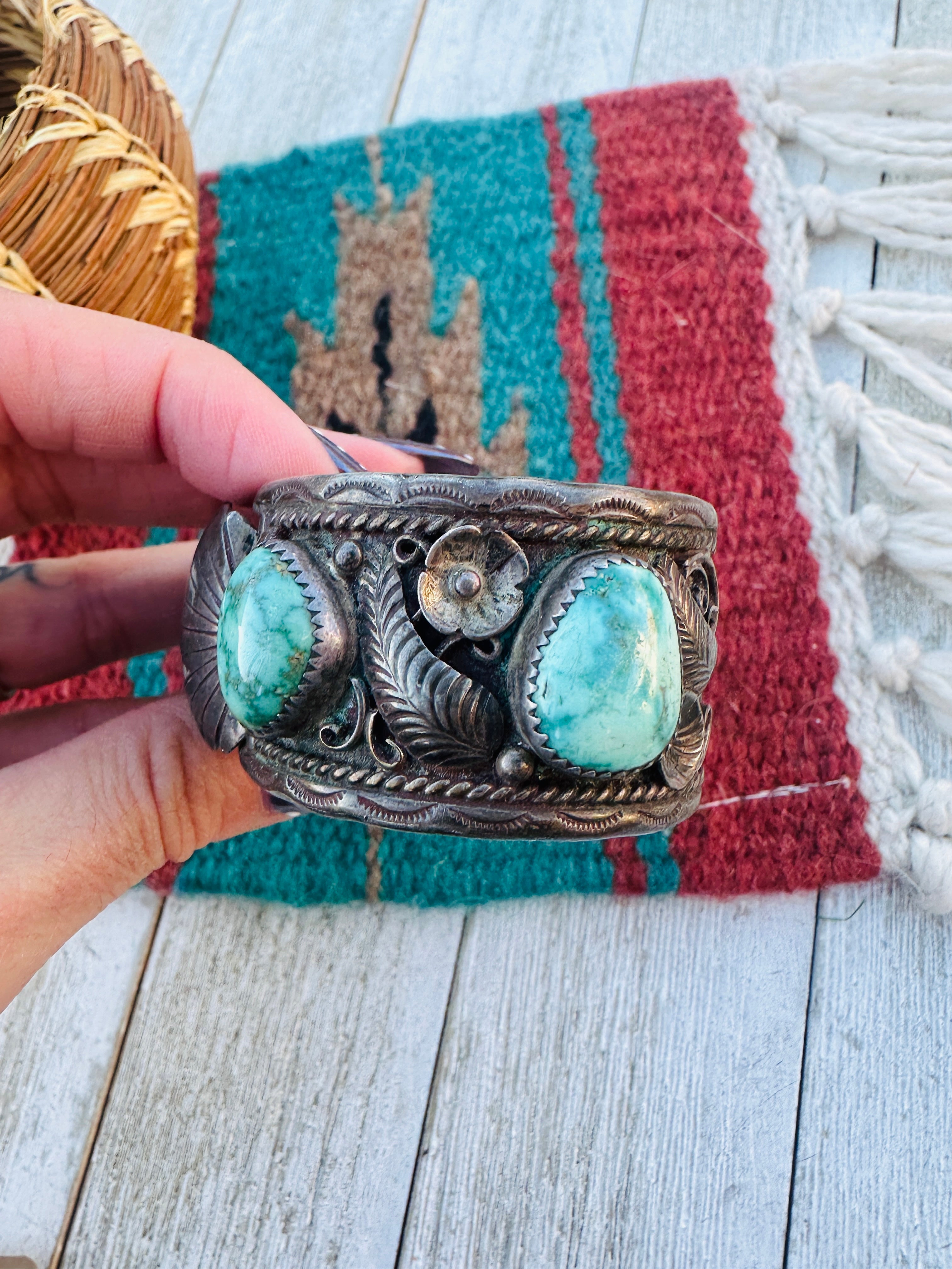 Handcrafted Old Pawn Sterling Silver & Turquoise Watch Cuff Bracelet