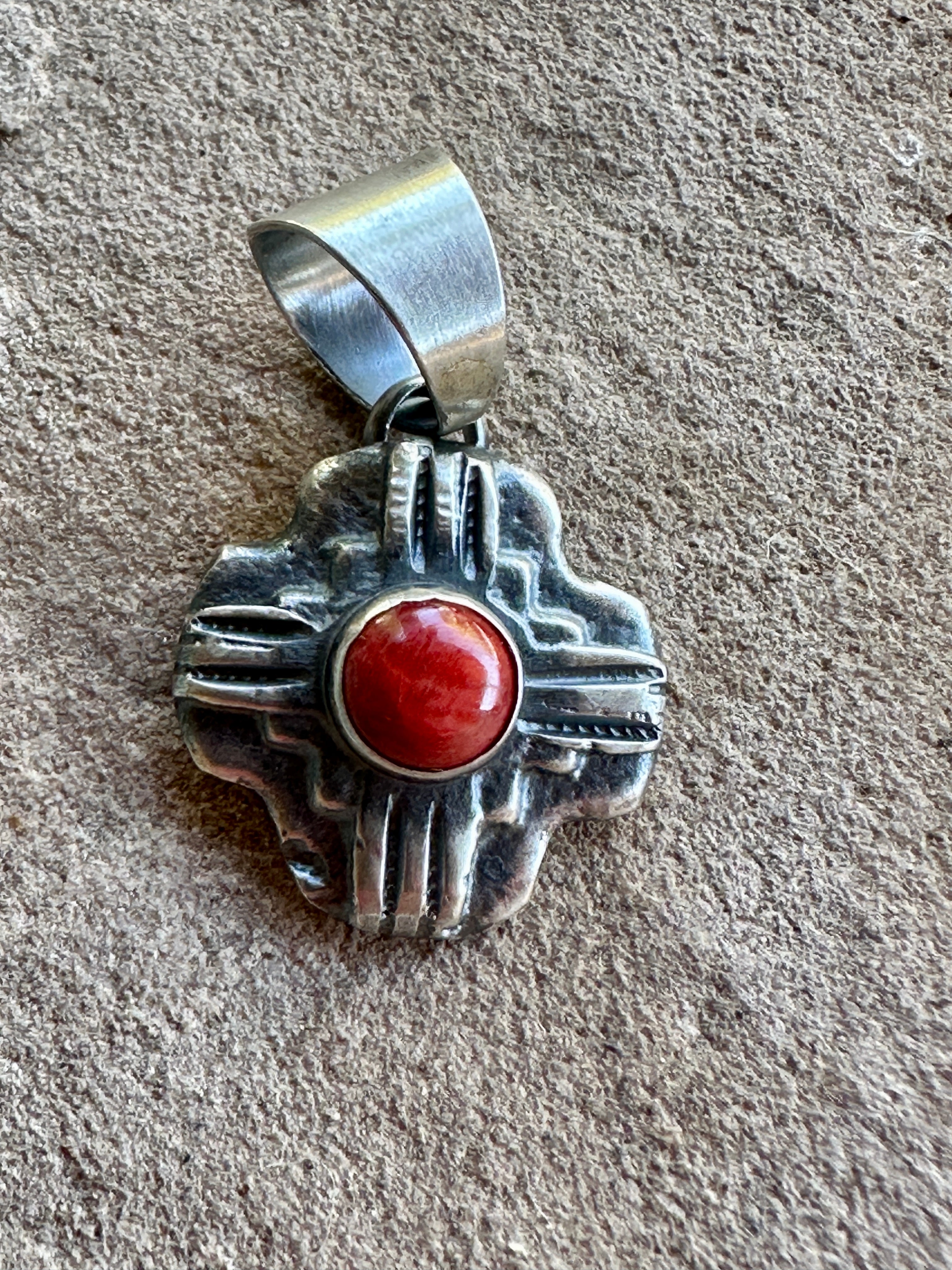 Navajo Sterling Silver Red Coral Zia Pendant By Chimney Butte