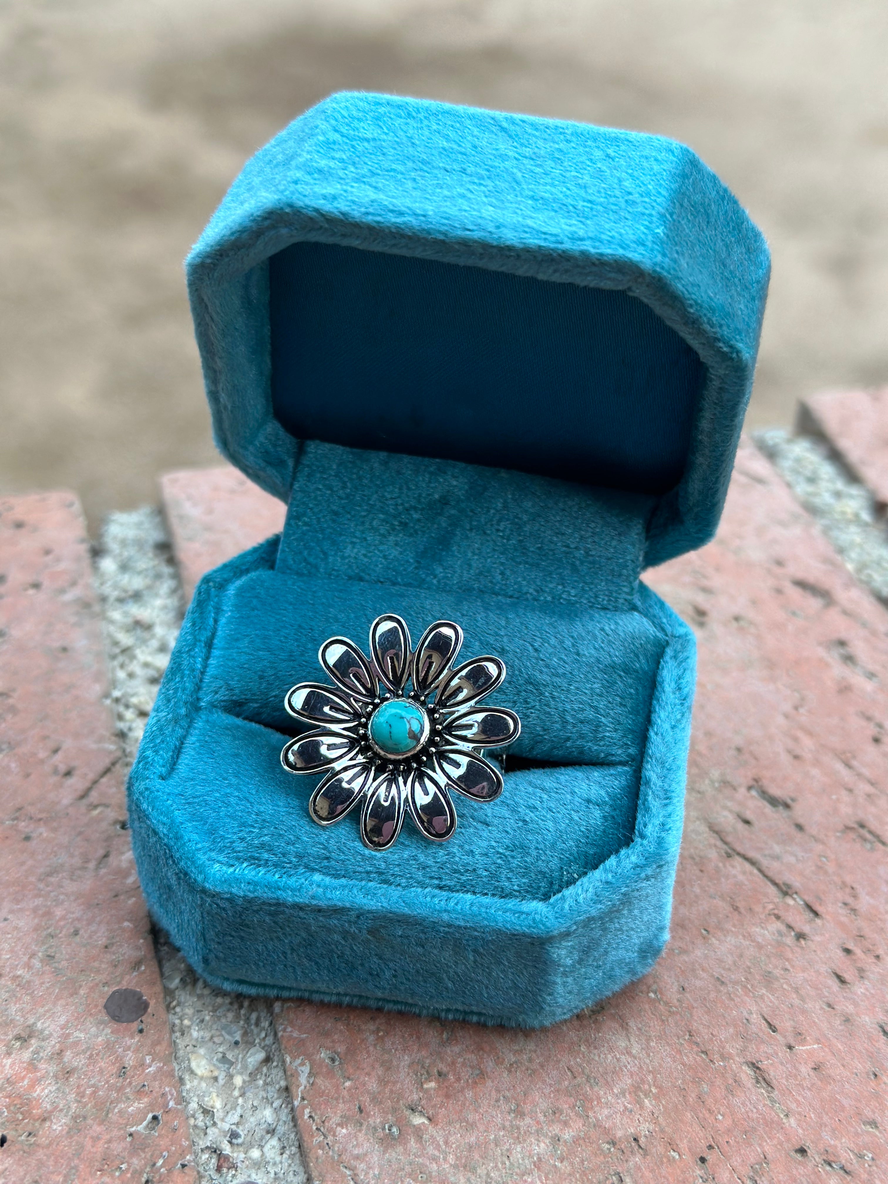 The Daisy Adjustable Turquoise and Sterling Silver Flower Ring