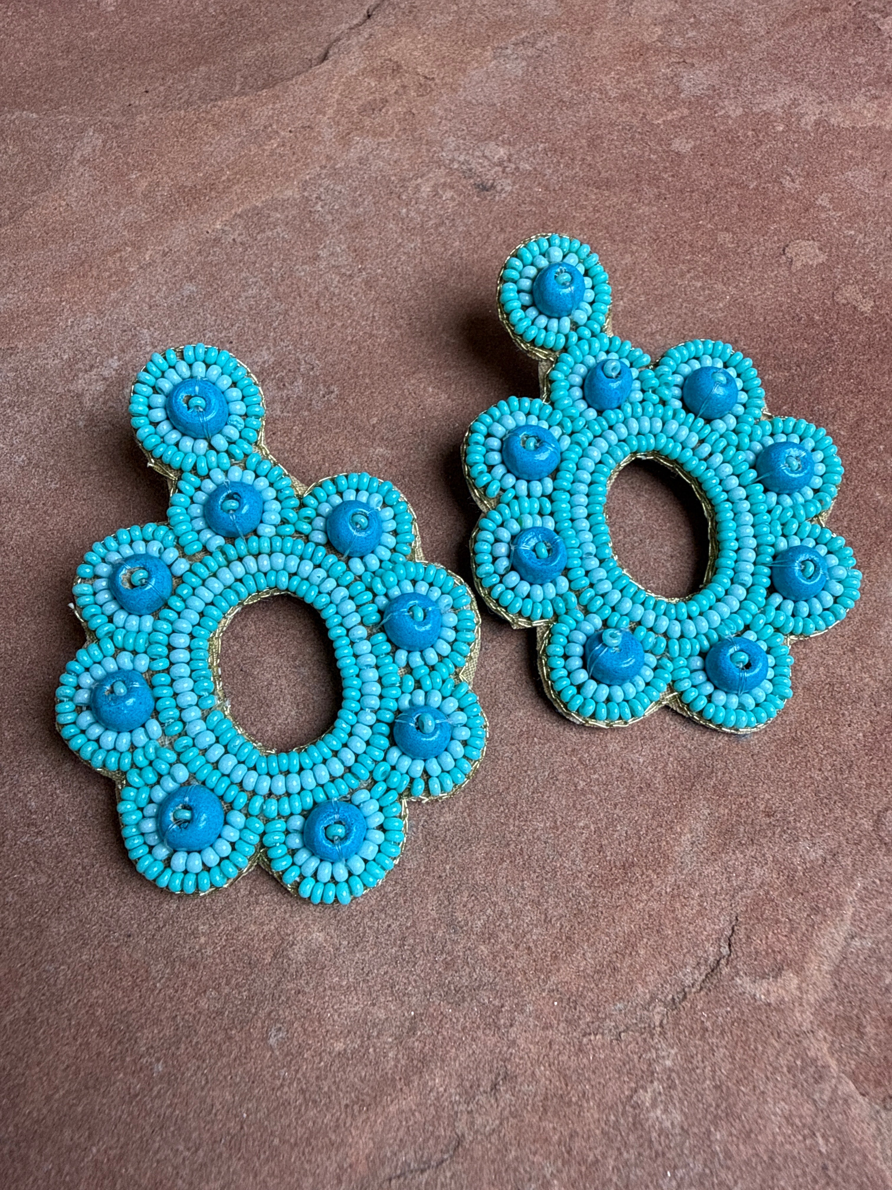 “The Golden Collection” Handmade Turquoise Beaded Flower Earrings