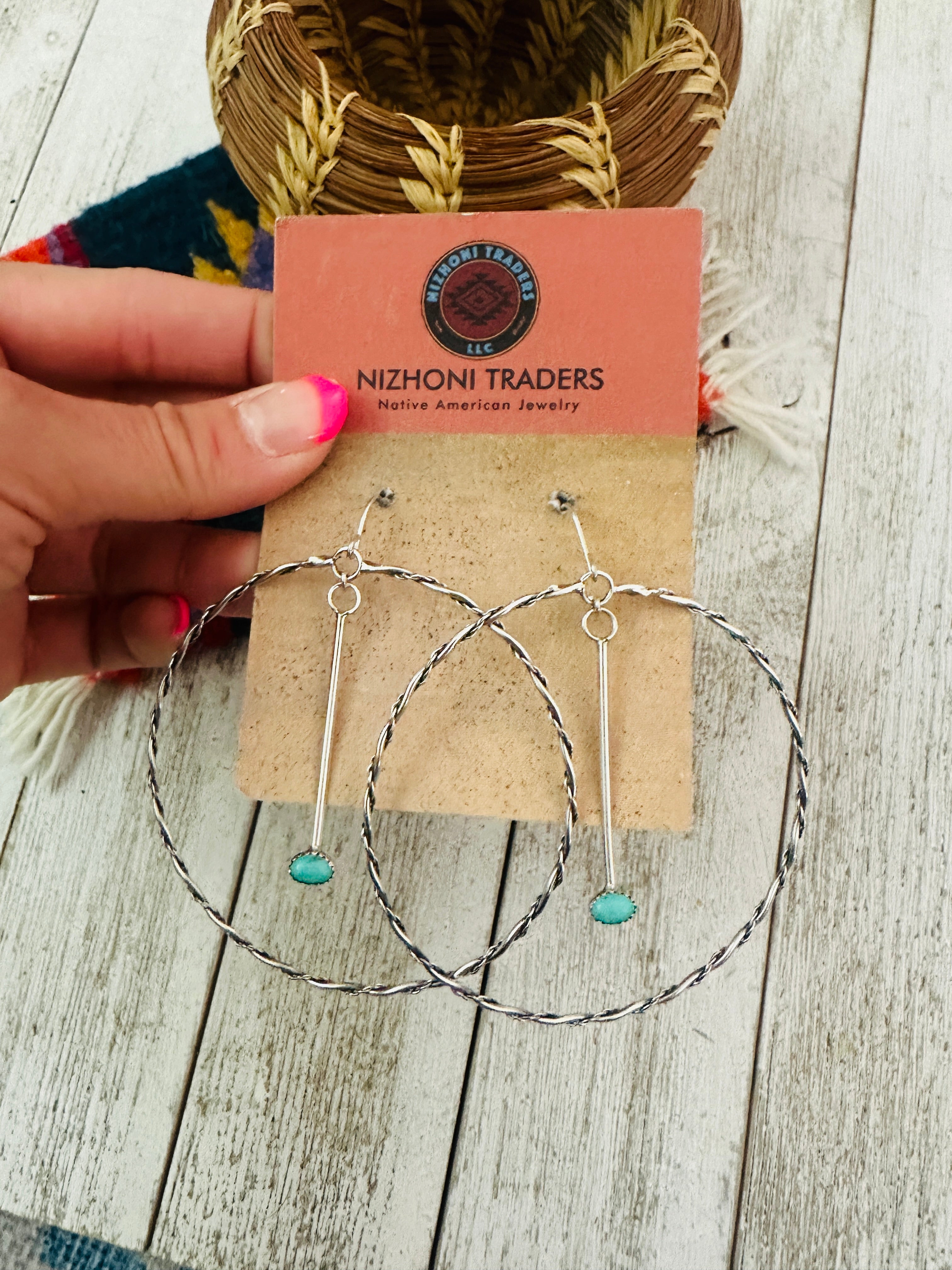 Navajo Turquoise & Sterling Silver Dangle Hoop Earrings