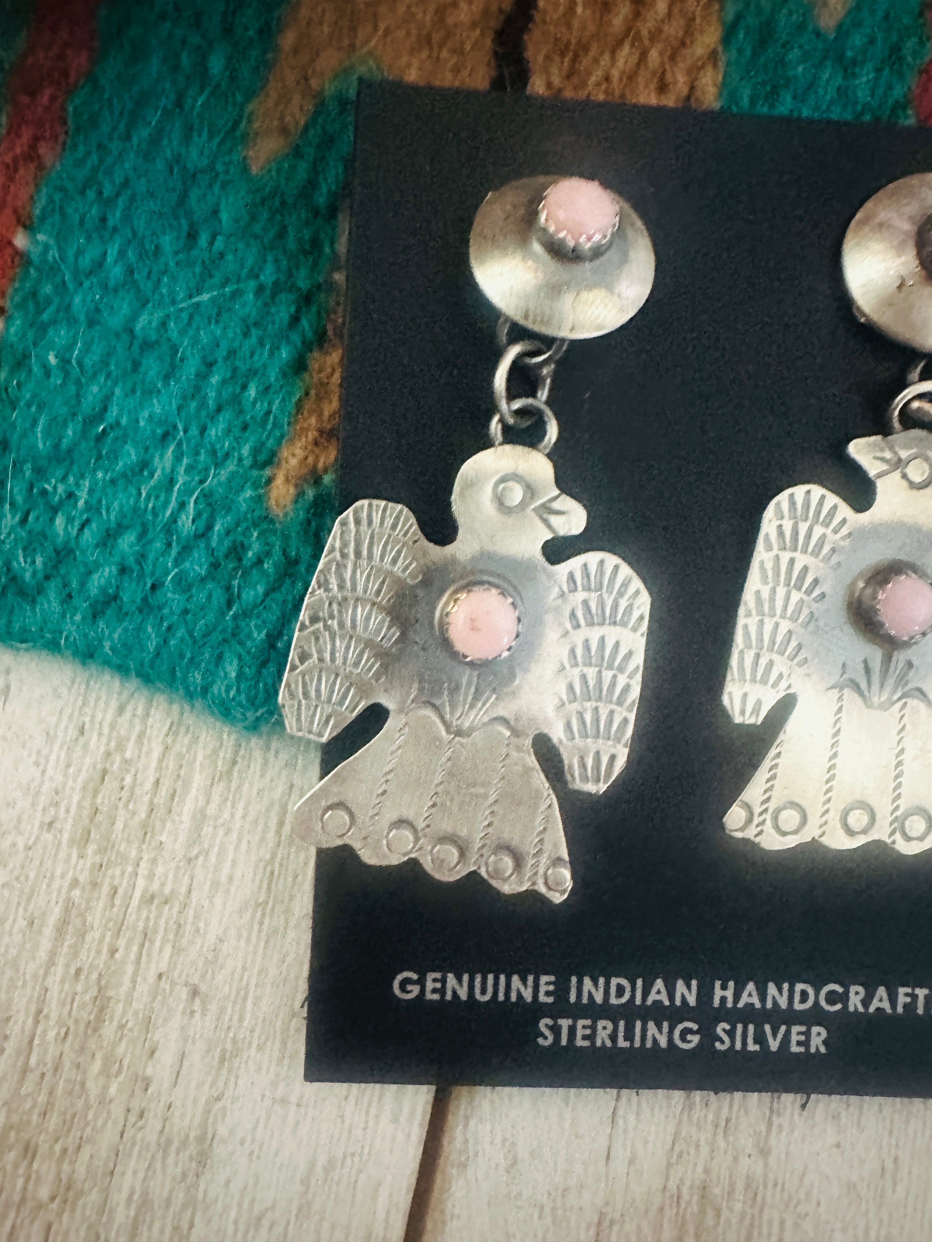 Navajo Queen Pink Conch Shell & Sterling Silver Thunderbird Dangle Earrings