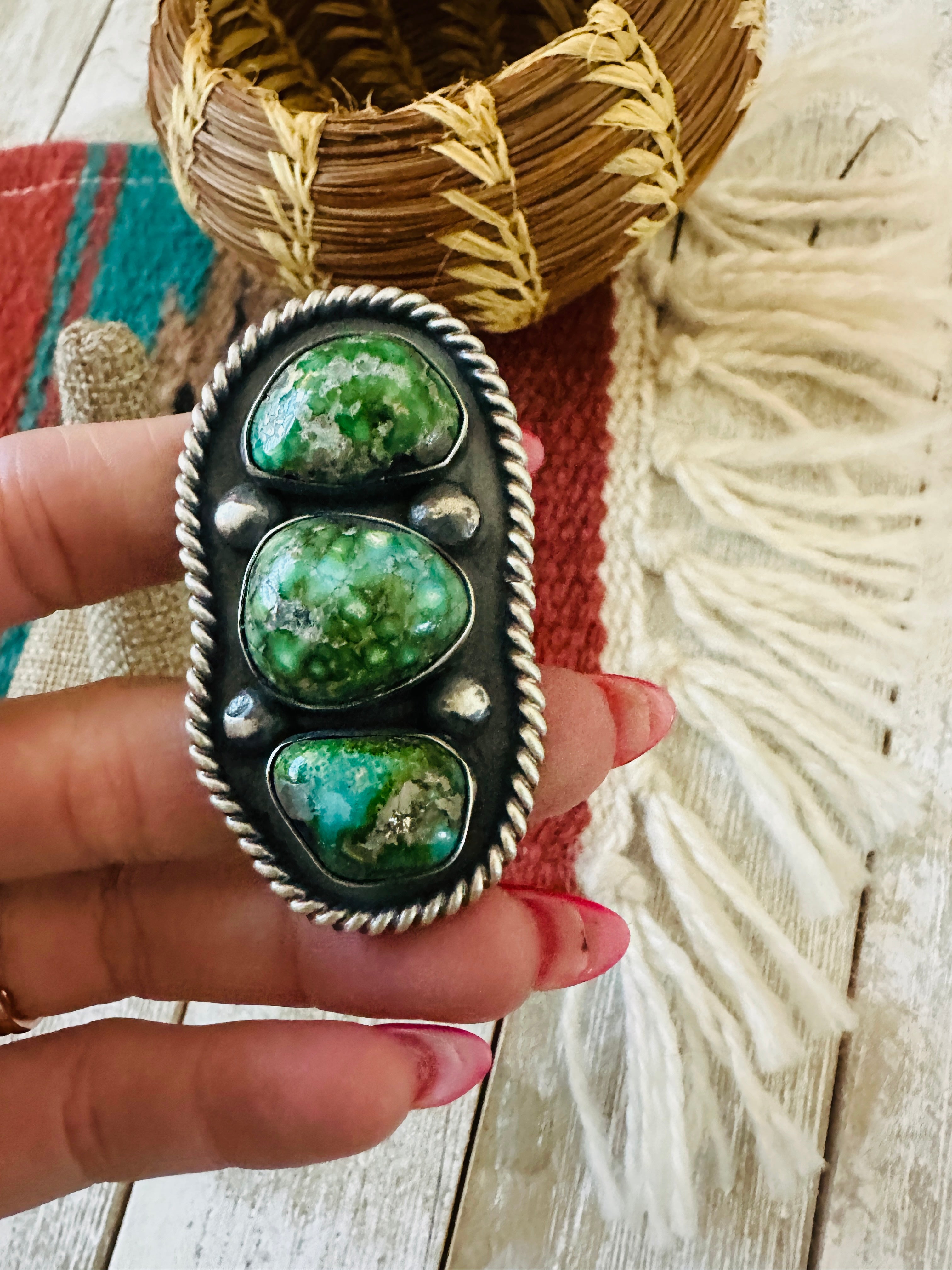 Handcrafted Sonoran Mountain Turquoise & Sterling Silver Ring Chimney Butte Size 9