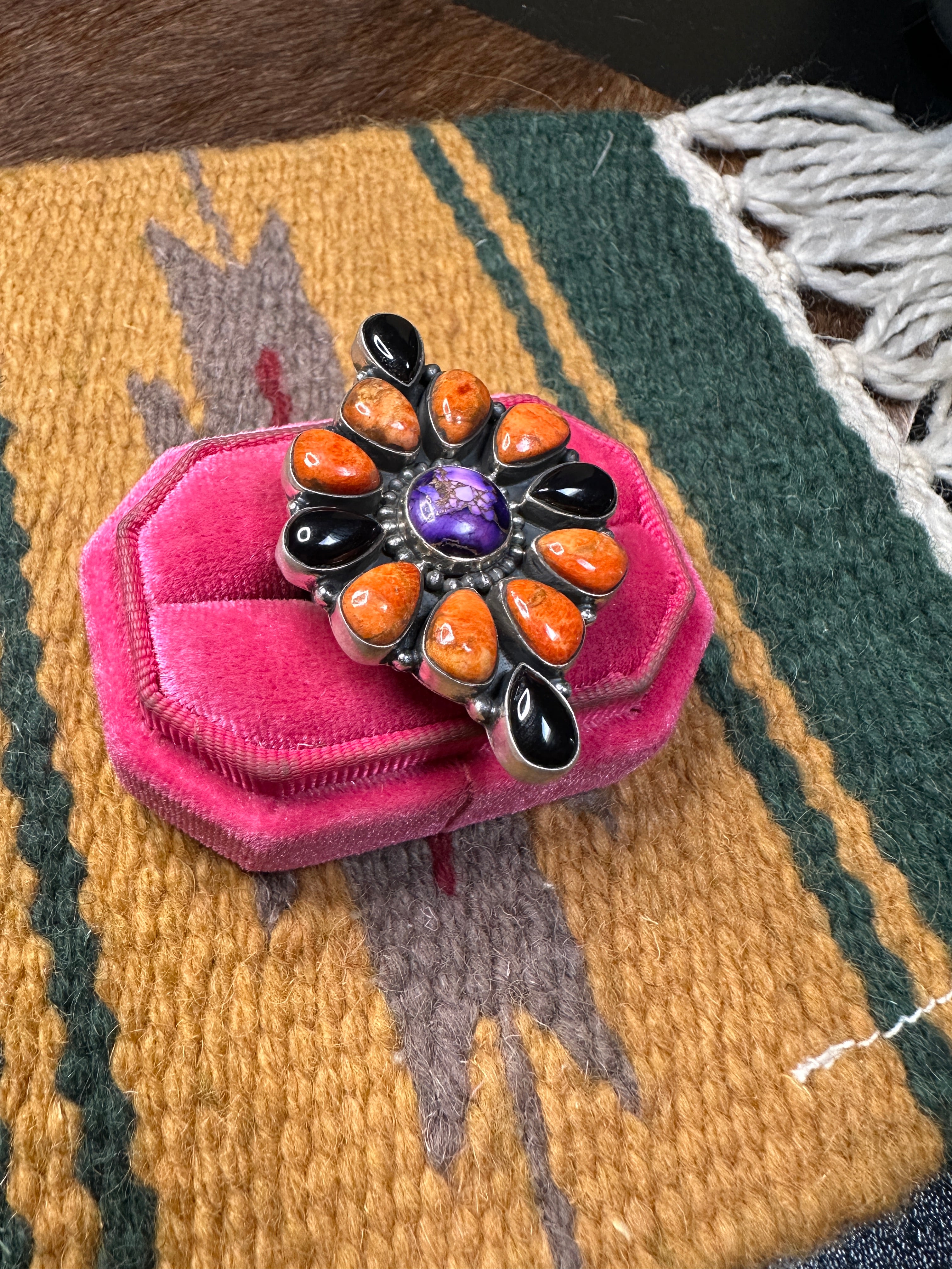 Beautiful Handmade Violet Frost, Orange Mojave, Onyx And Sterling Silver Adjustable Cluster Ring