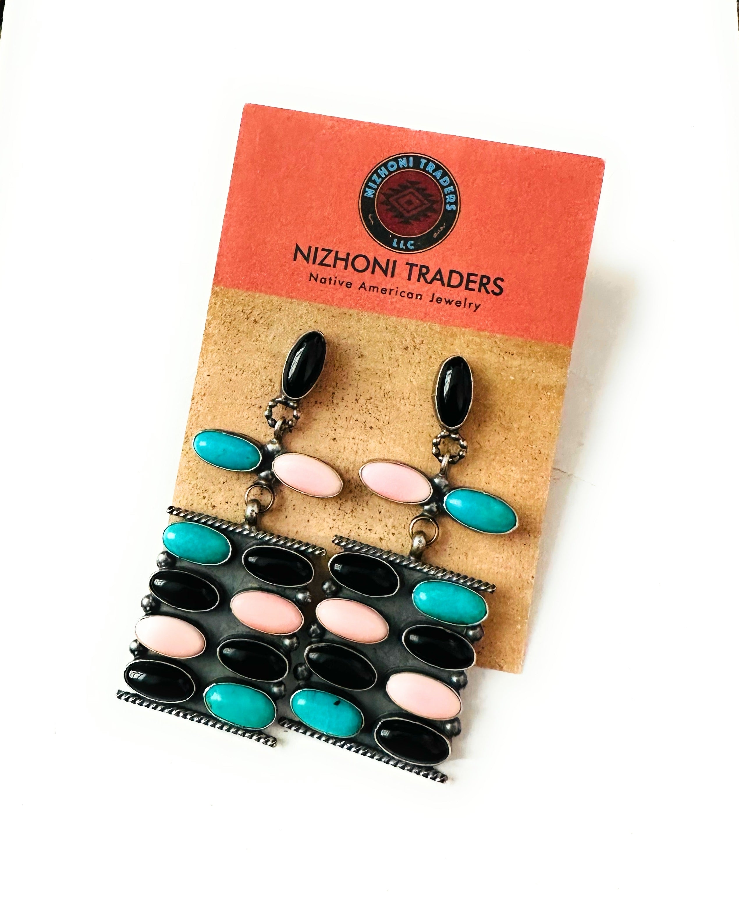 Navajo Queen Pink Conch, Turquoise, Onyx & Sterling Silver Dangle Earrings