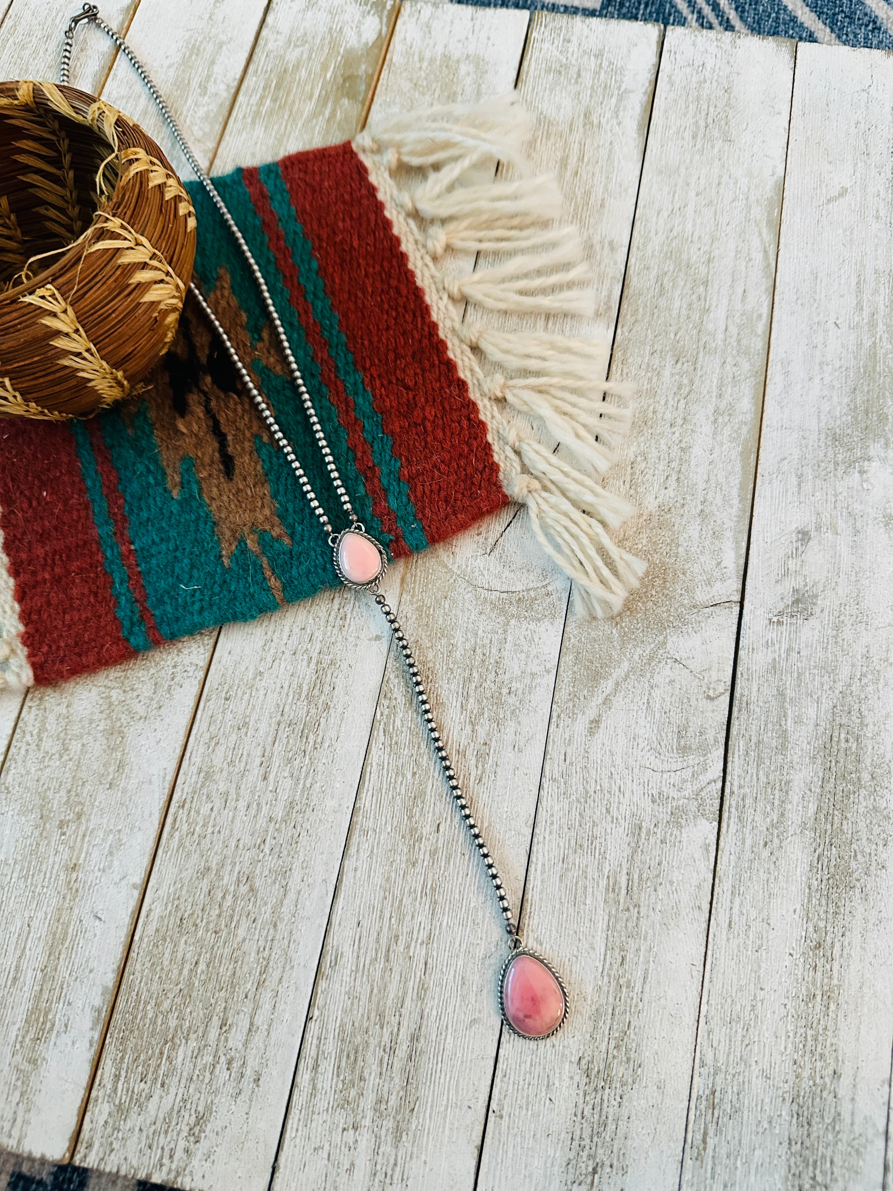 Queen Pink Conch & Sterling Silver Pearl Beaded Lariat Necklace