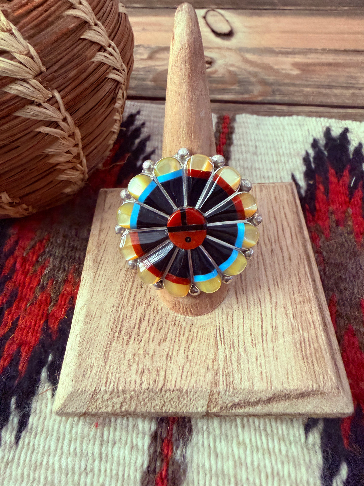 Handcrafted Multi Stone & Sterling Silver Inlay Sun Face Ring Size 8.25