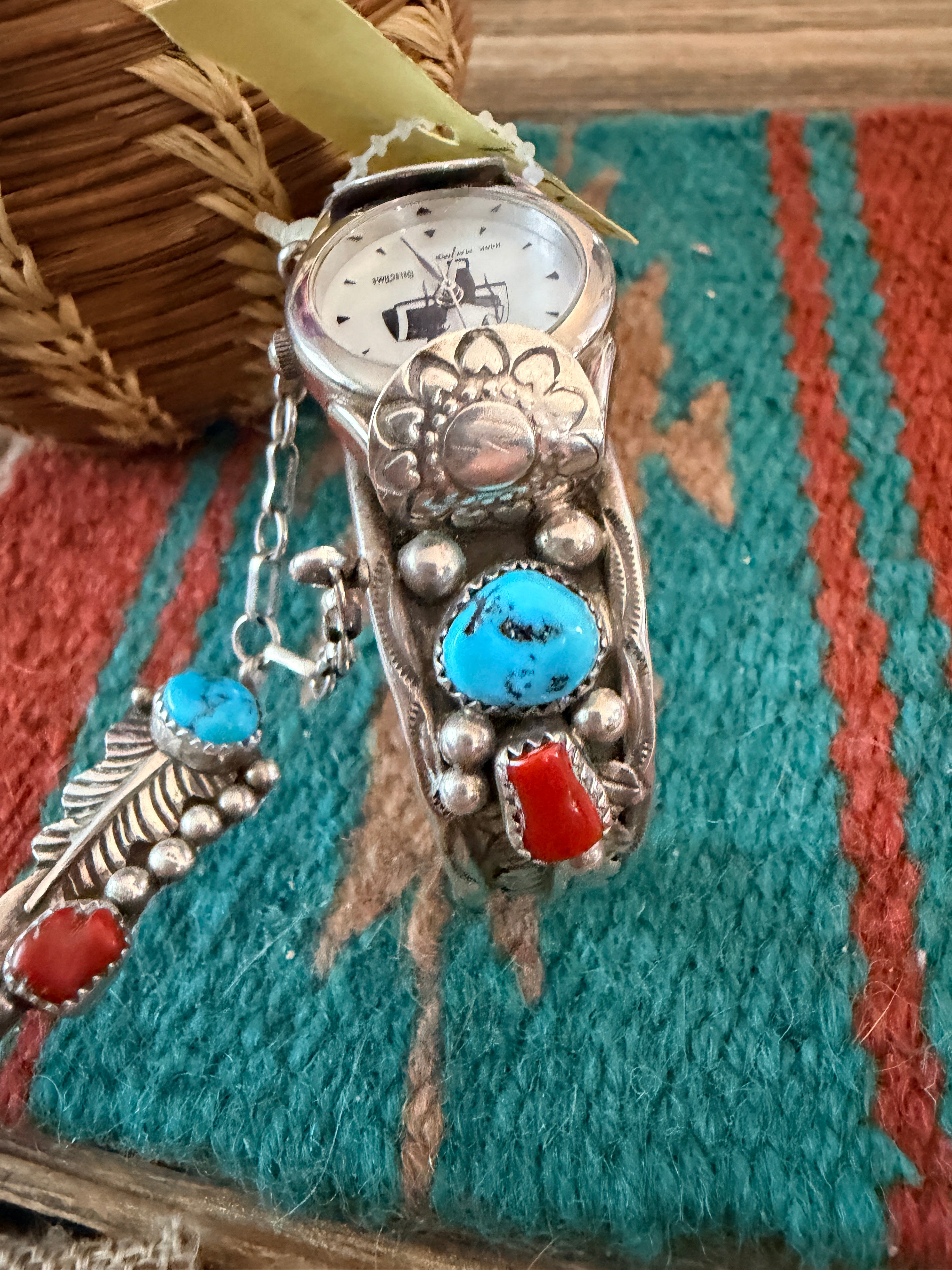Handcrafted Old Pawn Turquoise, Coral & Sterling Silver Watch Cuff with Hand Chain