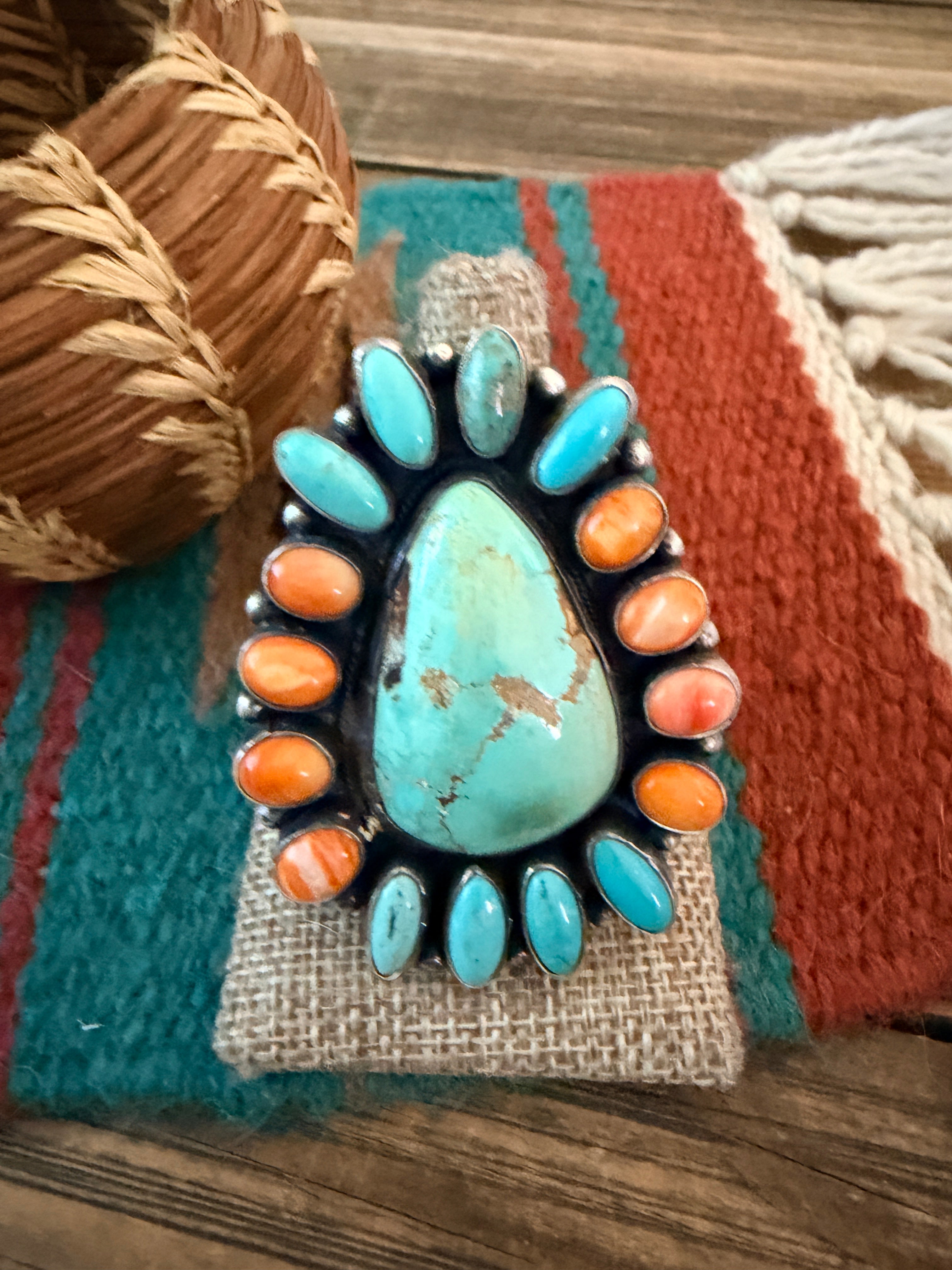 Handcrafted Spiny Oyster, Turquoise & Sterling Silver Cluster Ring by
