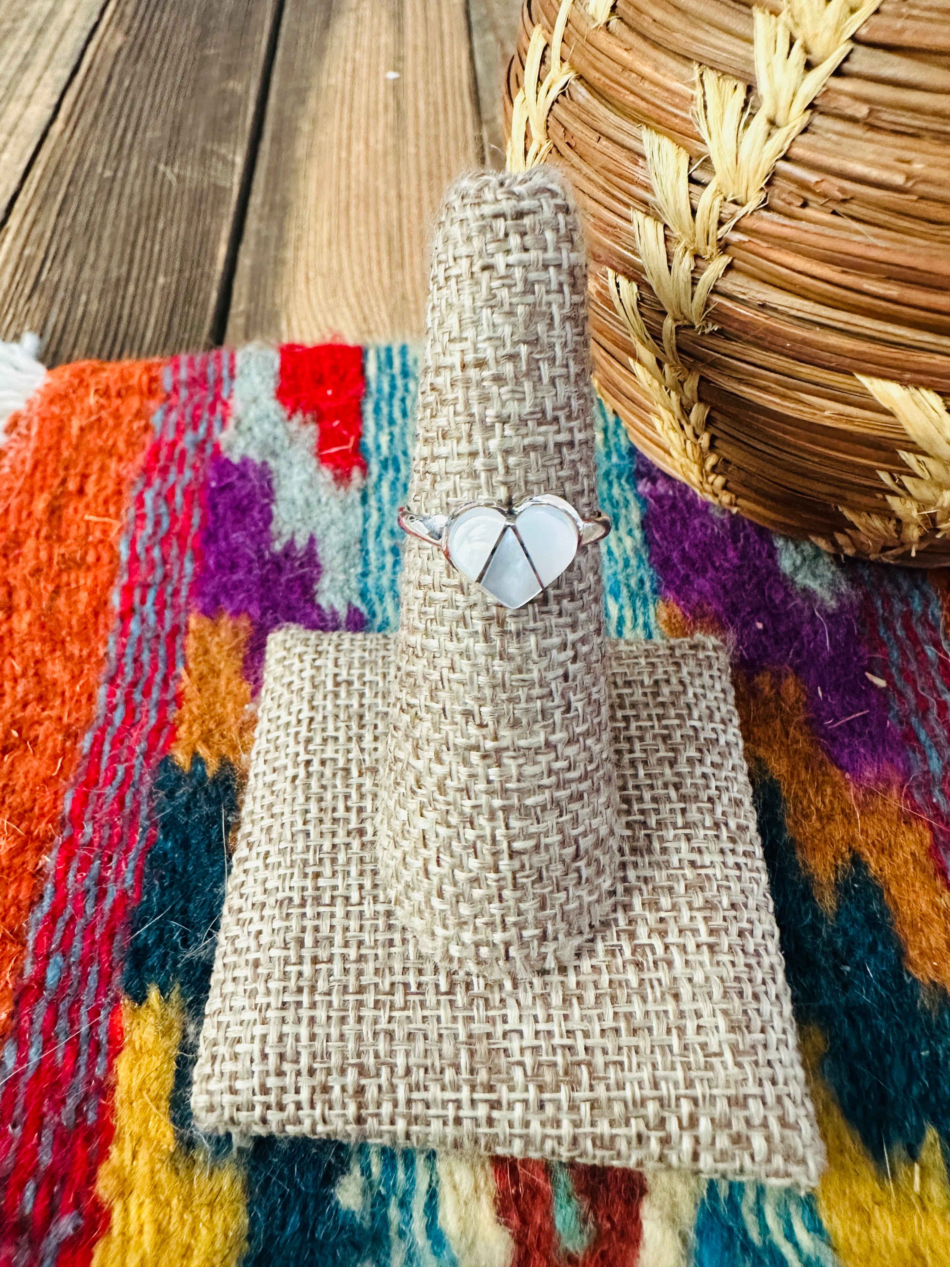 Handcrafted Mother of Pearl & Sterling Silver Inlay Heart Ring Size 6