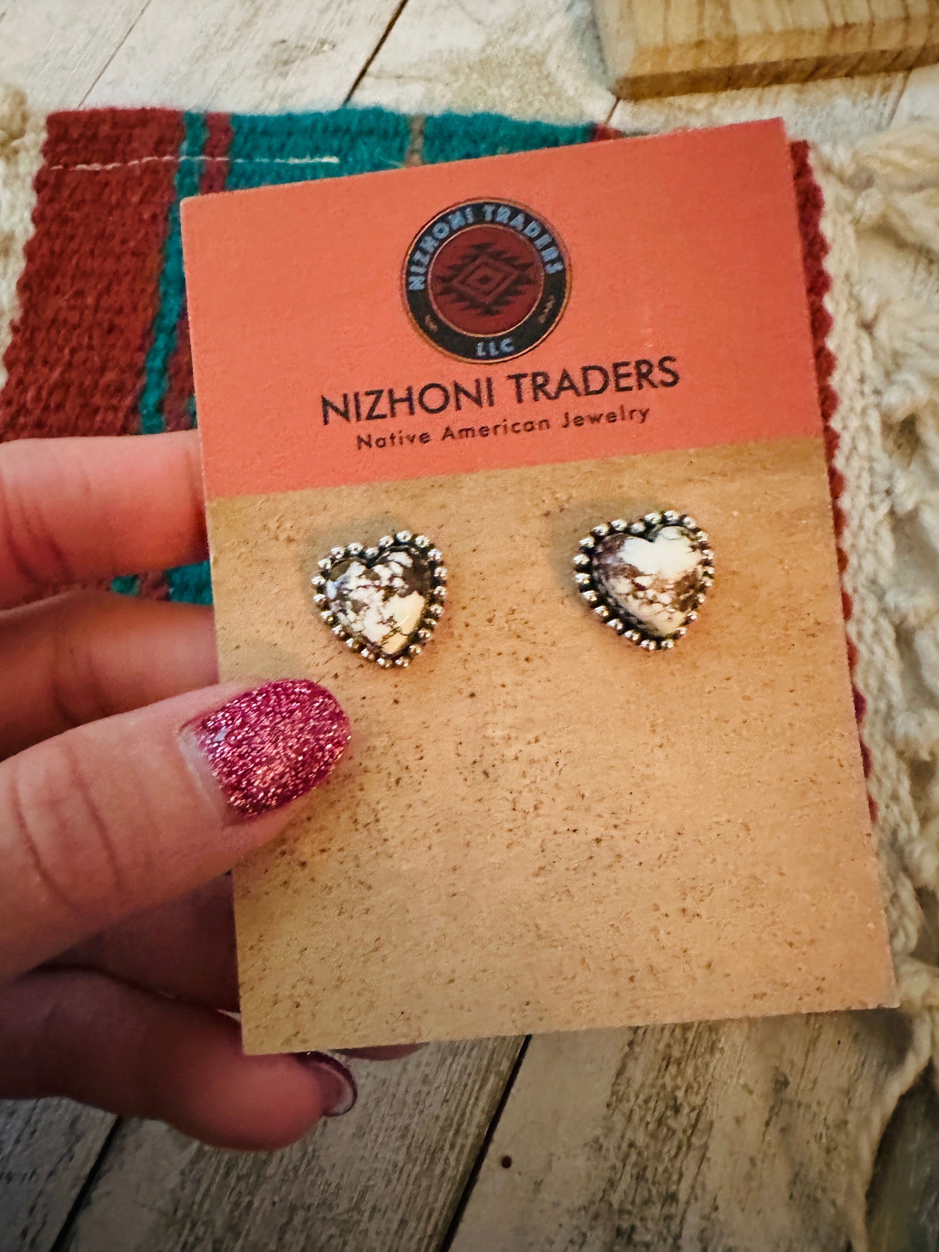 Handmade Wild Horse & Sterling Silver Heart Stud Earrings Signed Nizhoni