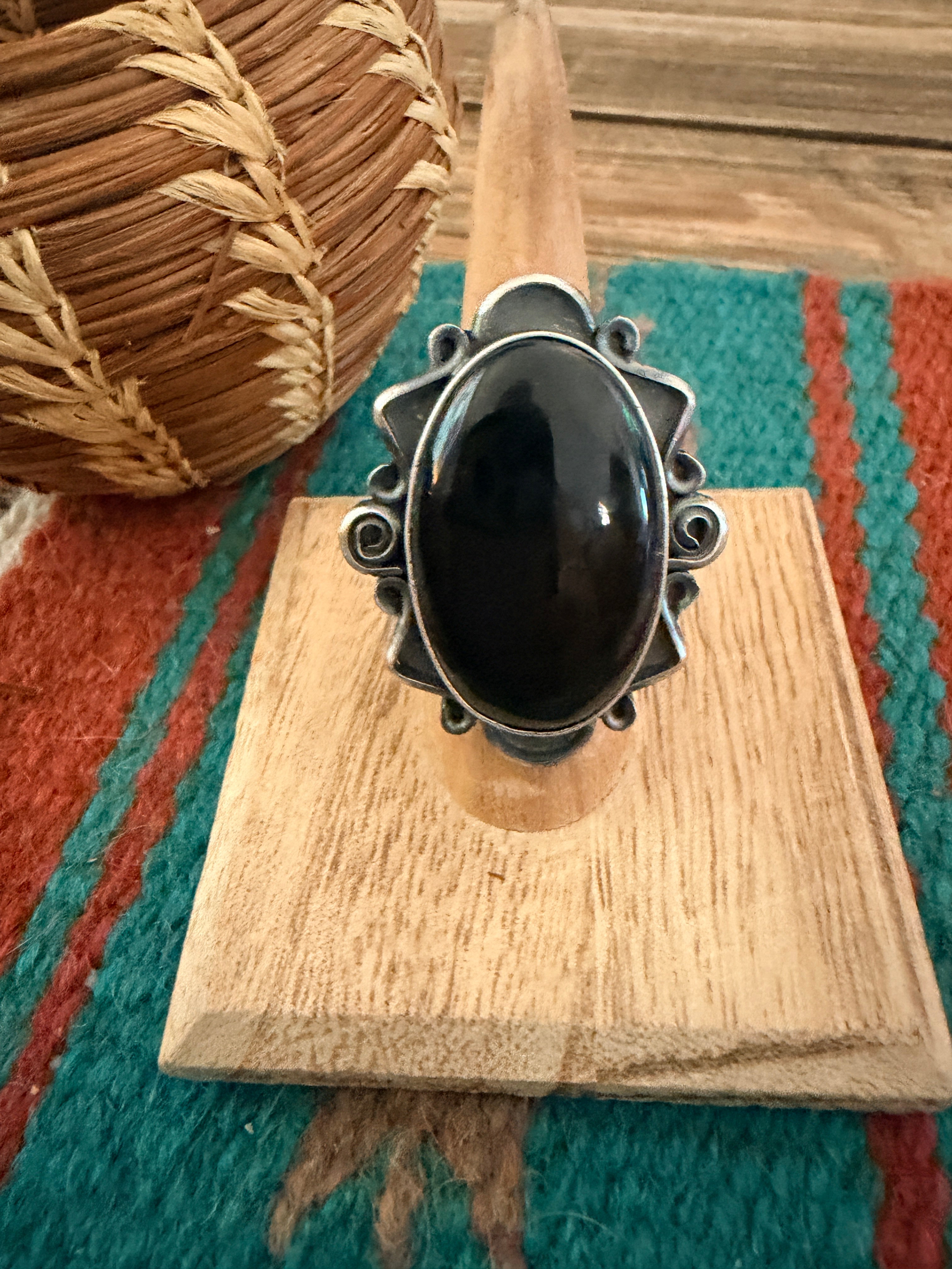 Handcrafted Black Onyx & Sterling Silver Ring Size 6.75